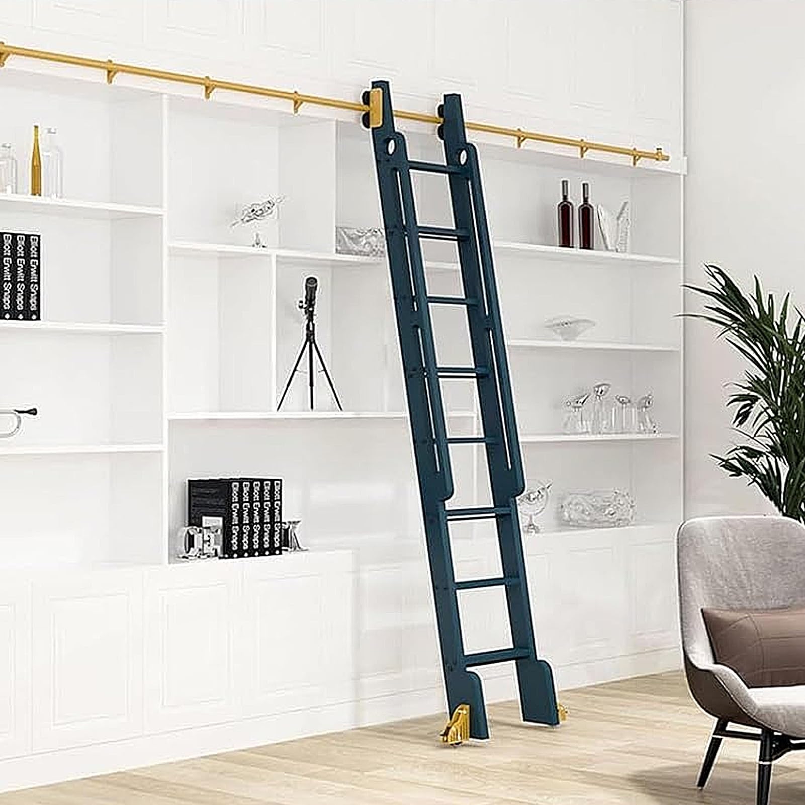Junvstor 100-732CM Sliding Library Hardware Kit Heavy Duty Closet Ladder Track Kit, Full Set Orller System, Mobile Ladder Track Kit (no Ladder) Gold Ladder Track Rail(8ft/244cm Track kit)