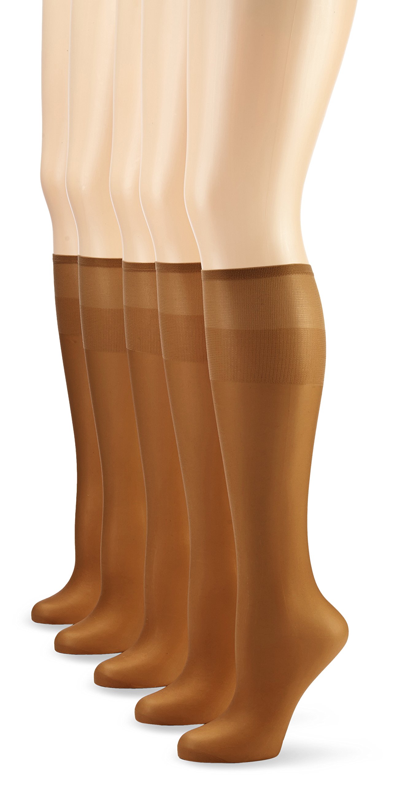 Nur Die 5er Pack Knie Seidenfein 15 DEN transparente Nylon Fein-Kniestrümpfe seidig glänzend breiter Komfortbund Damen, bronze, one size