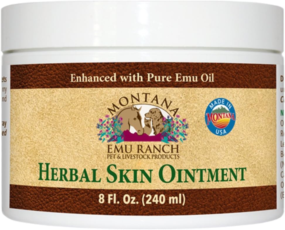Montana Emu Ranch - Herbal Skin Ointment - 8 Ounce Jar - for Pet and Livestock - Made with Pure Emu Oil