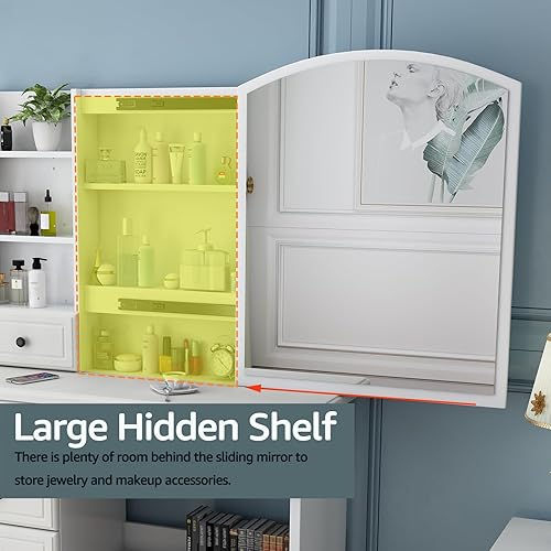 Miniatura 4 de Anwick Vanidad de maquillaje, escritorio de tocador de moda con espejo y luces, tocador de maquillaje con cajones y estantes, tocador blanco con