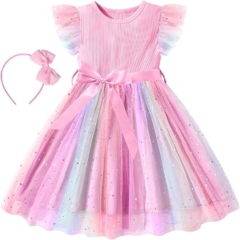 Toddler Girls Tulle Dress Summer Ruffle Sleeveless Baby Girl Fashion Tutu Dresses with Headband Princess Dress 2-6Y