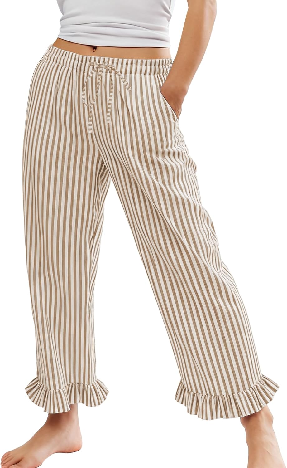 Flygo Womens Striped Lounge Pants Y2K Long Cotton Ruffle Boxer Bottoms Comfy Drawstring Elastic Waist Pj Pants with Pockets