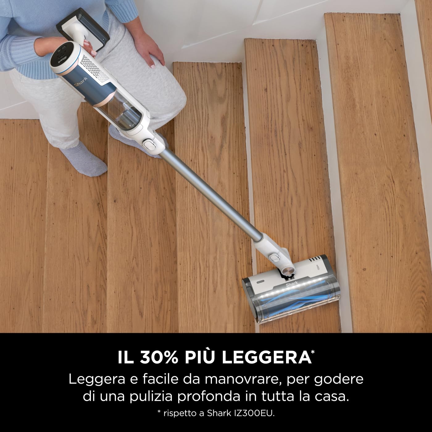 Shark Clean & Empty Aspirapolvere Senza Fili con Autosvuotamento, 40 Minuti di Autonomia, Leggero, Anti Hair Wrap, Bocchette per Animali e Fessure, Stazione di Ricarica, Luci LED, Bianco/Blu, BU3521EU