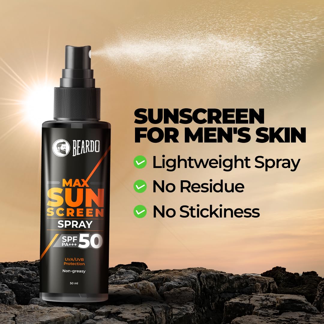 Beardo Max Sunscreen SPF 50 & PA+++ Spray for Men | Non-greasy Spray for Men | Easy Application of Sunscreen for Oily Skin | UVA UVB Protection | 50ml Beardo Max Sunscreen SPF 50 & PA+++ Spray for Men | Non-greasy Spray for Men | Easy Application of Sunscreen for Oily Skin | UVA UVB Protection | 50ml