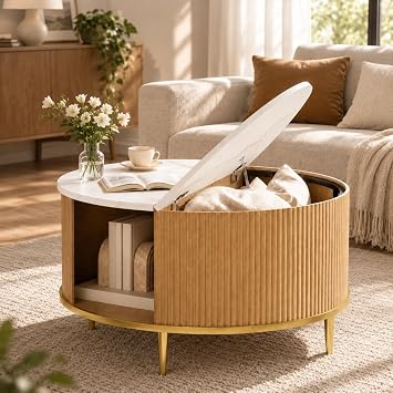 Mid Century Fluted Round Coffee Table for Living Room, Oak