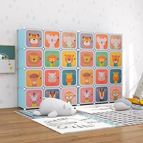 Miniatura 8 de HONEY JOY Armario para niños, organizador de almacenamiento de ropa de dibujos animados para bebés, 12 cubos y 2 secciones para colgar, armario