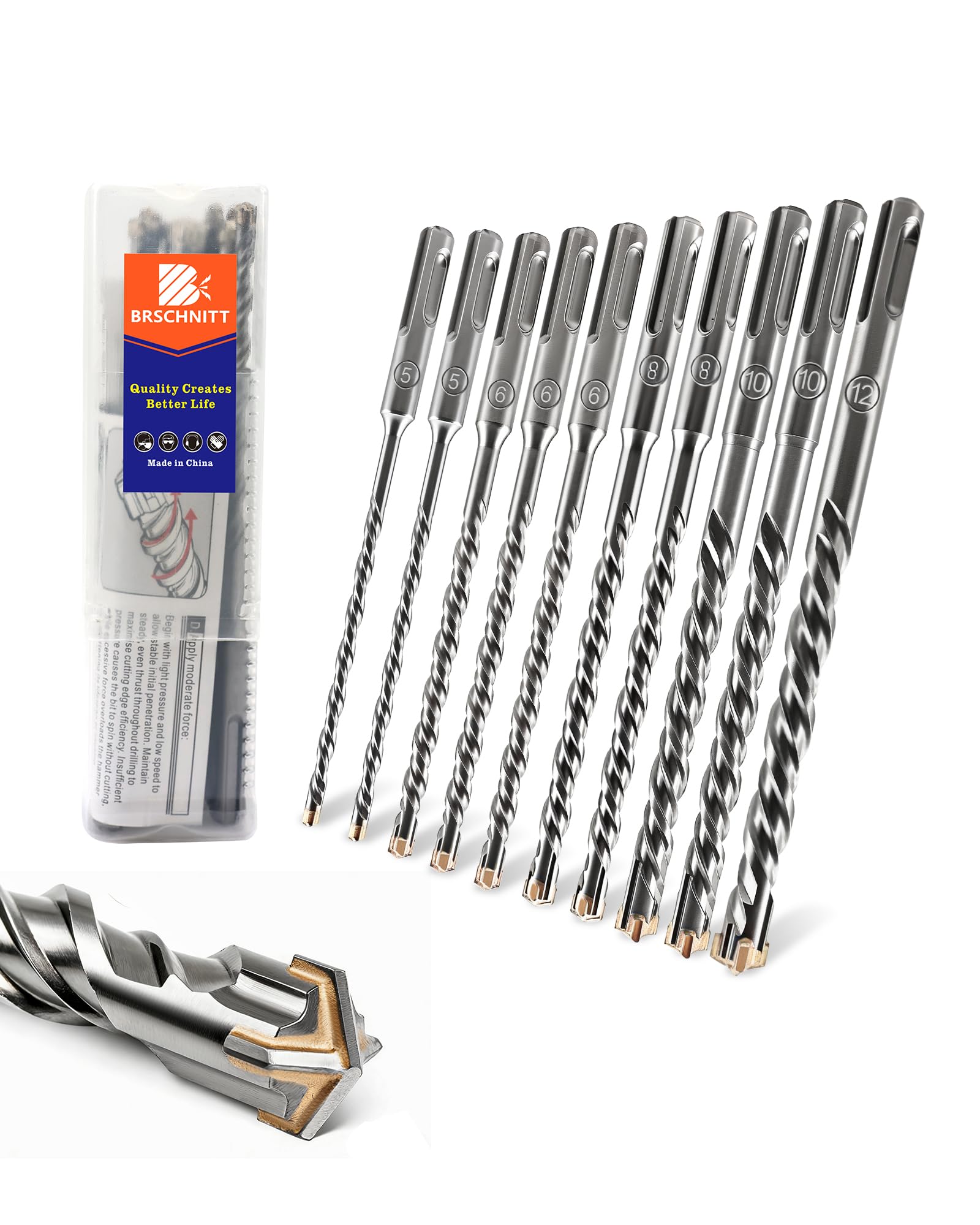 Juego de Brocas SDS Plus - 5 * 2/6 * 3/8 * 2/10 * 2/12mm x 160mm Juego de Brocas para Hormigón,Profesional Brocas de Cruceta para hormigón, ladrillo, piedra y mampostería (10 Piezas)