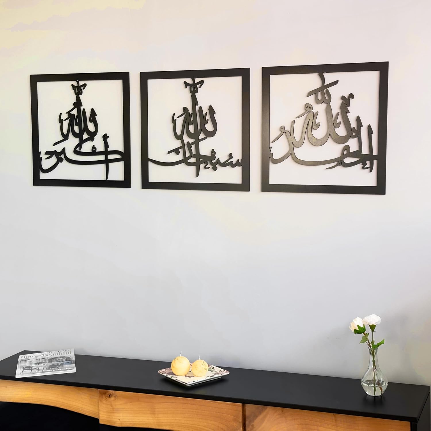 iwa concept Subhanallah Alhamdulillah Allahuakbar Triple Set Wooden/Acrylic Islamic Wall Decor, Tasbeeh Islamic Calligraphy Art, Room Decor Gift for Muslims at Ramadan Eid (12 x 12 Inches, Black)