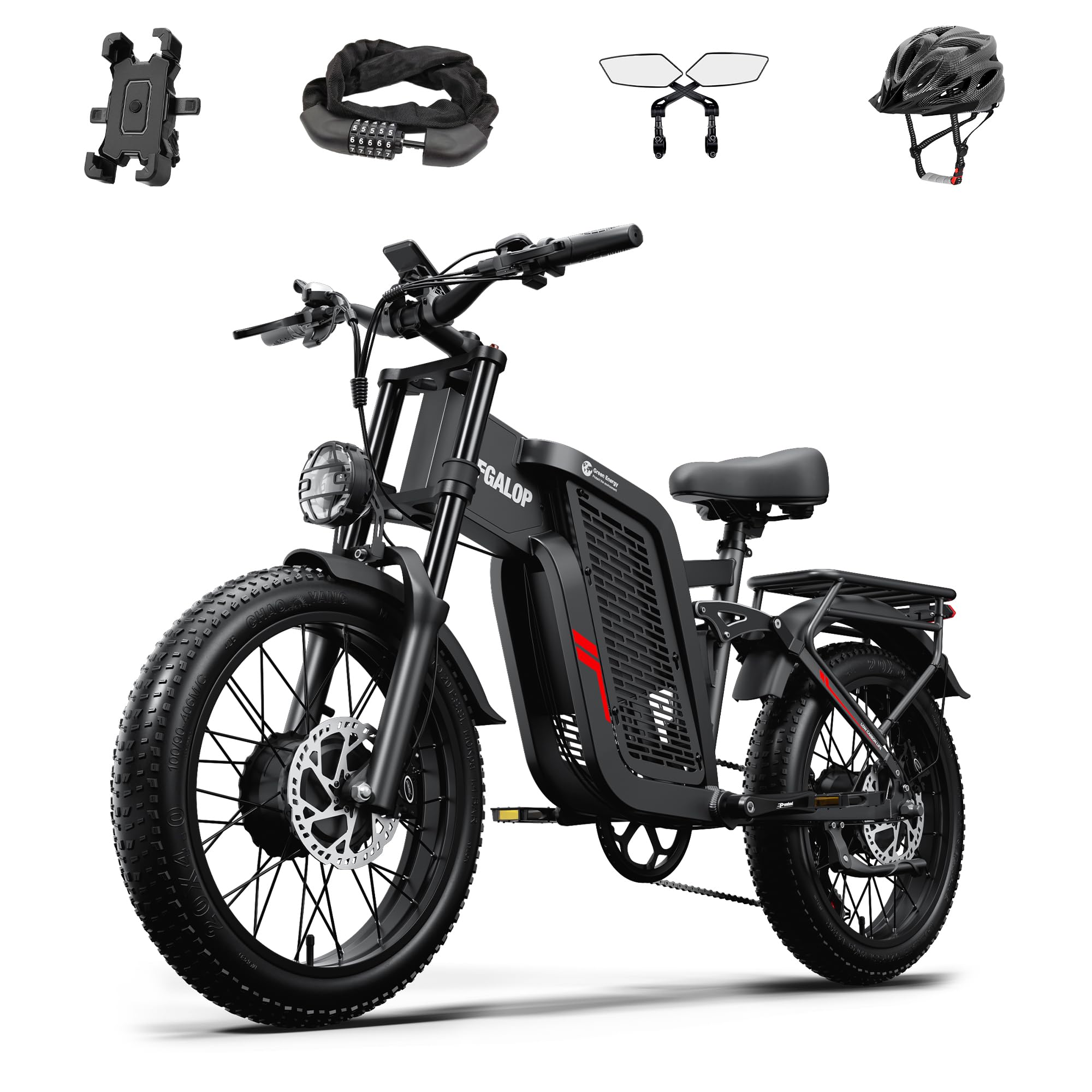 Vélo électrique pour adulte, double moteur, batterie lithium-ion 52V 24Ah, autonomie maximale de 45 à 90 kilomètres, pneus de 20 pouces de large, suspension intégrale, vélo électrique à 7 vitesses.