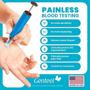 Genteel Plus - No Prick Pain Vacuum Lancing Device for Diabetes Testing - Blood Sugar, Glucose, Ketone, and DNA Home Tests (Butterfly Blue)