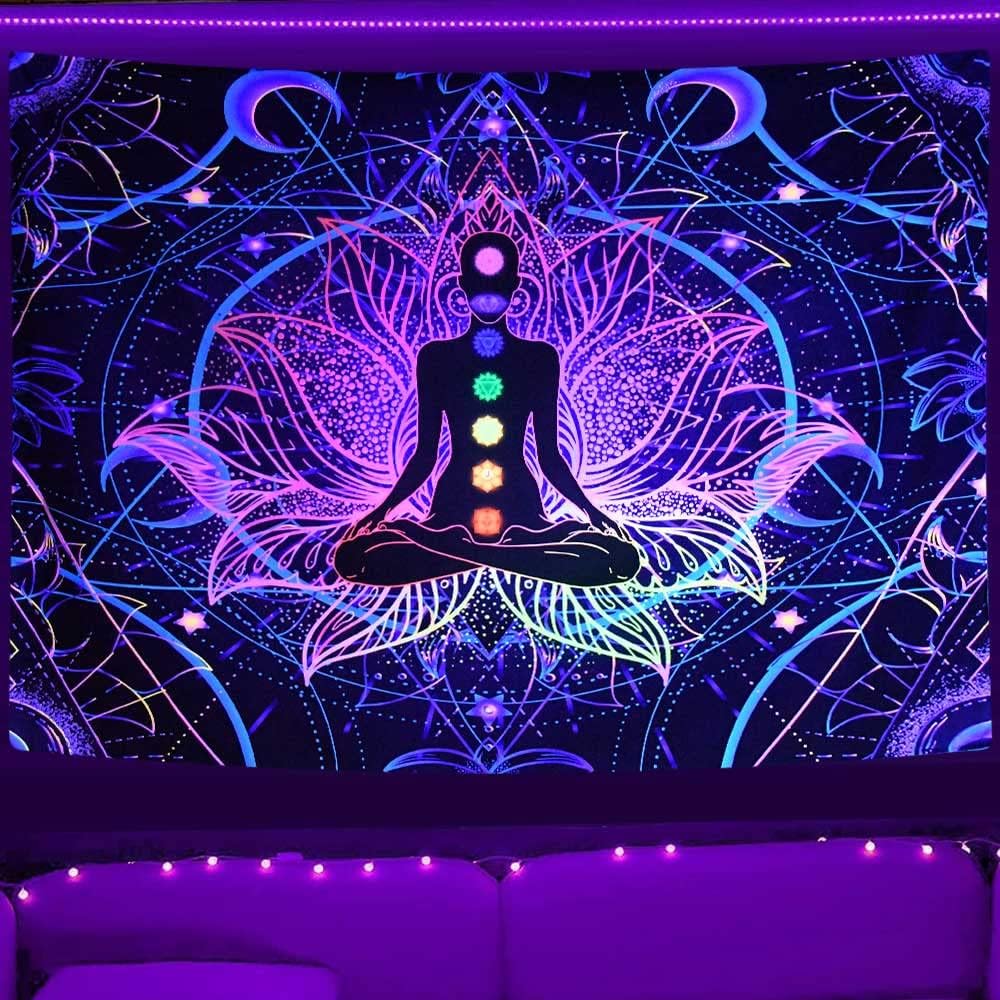 JAWO Blacklight Tapestry UV Reactive Wall Hanging Hippie Boho Tapestries Glow in The Dark Aesthetic Decor 80 x 60 Inch