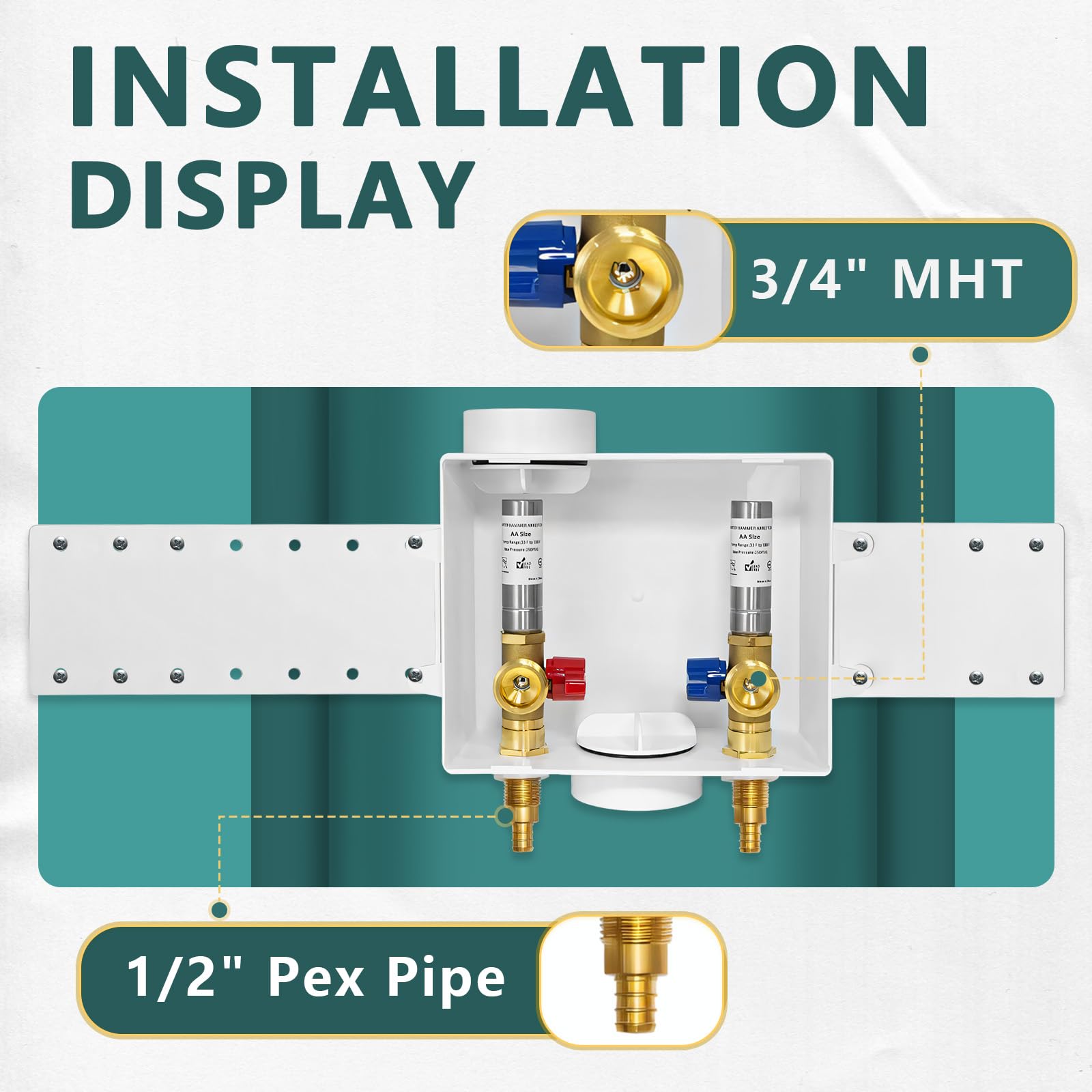 Boîte de sortie pour machine à laver (lavage), drain central/siphon latéral, entrée à sertir Pex 1/2" x raccord de sortie MHT 3/4", avec pare-marteau à eau en acier inoxydable