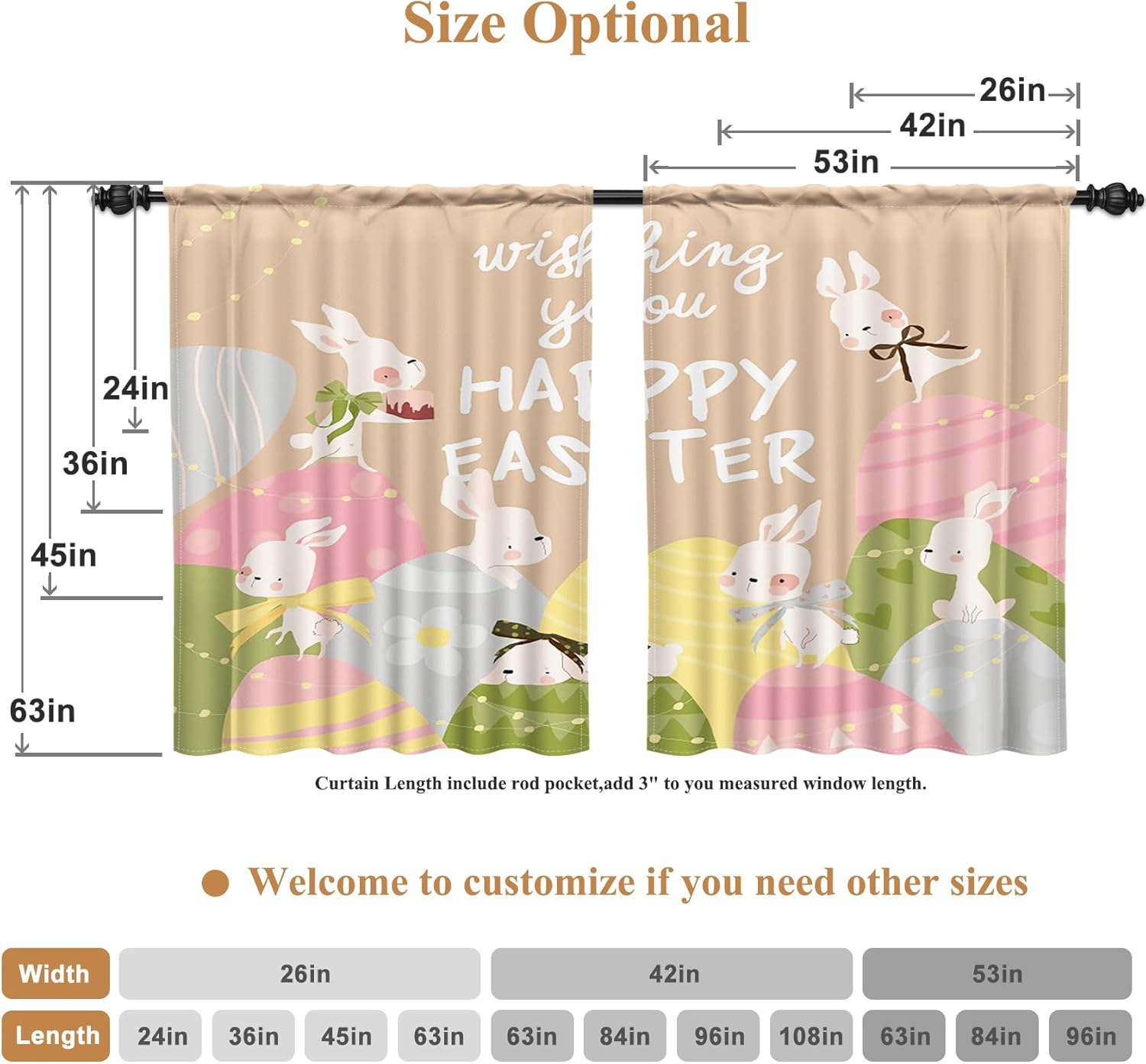 Renaiss 26 x 45 Inch Happy Easter Small Tier Curtains for Restaurant Cafeteria Easter Holiday Decorations Easter Bunny Eggs Kitchen Bathroom Rod Pocket Window Treatment Curtains Linen Fabric 2 Panels