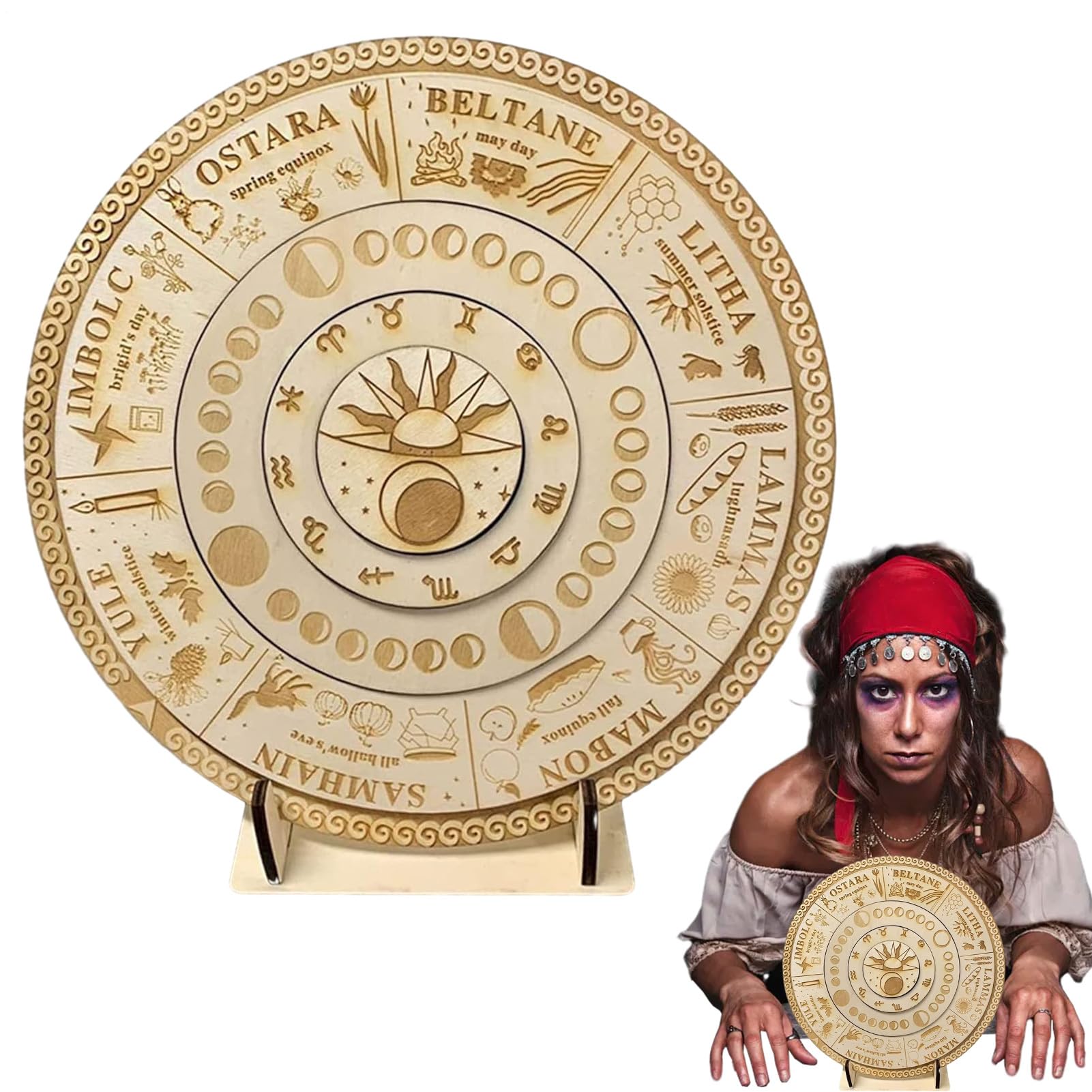 Wheel of the Year Calendar - Wooden Winder Board, Astrology Sign Decoration, Seasonal Pagan Calendar with Natural Wooden Stand, Spiritual Sabbath Wheel with Moon Phases and Symbols for