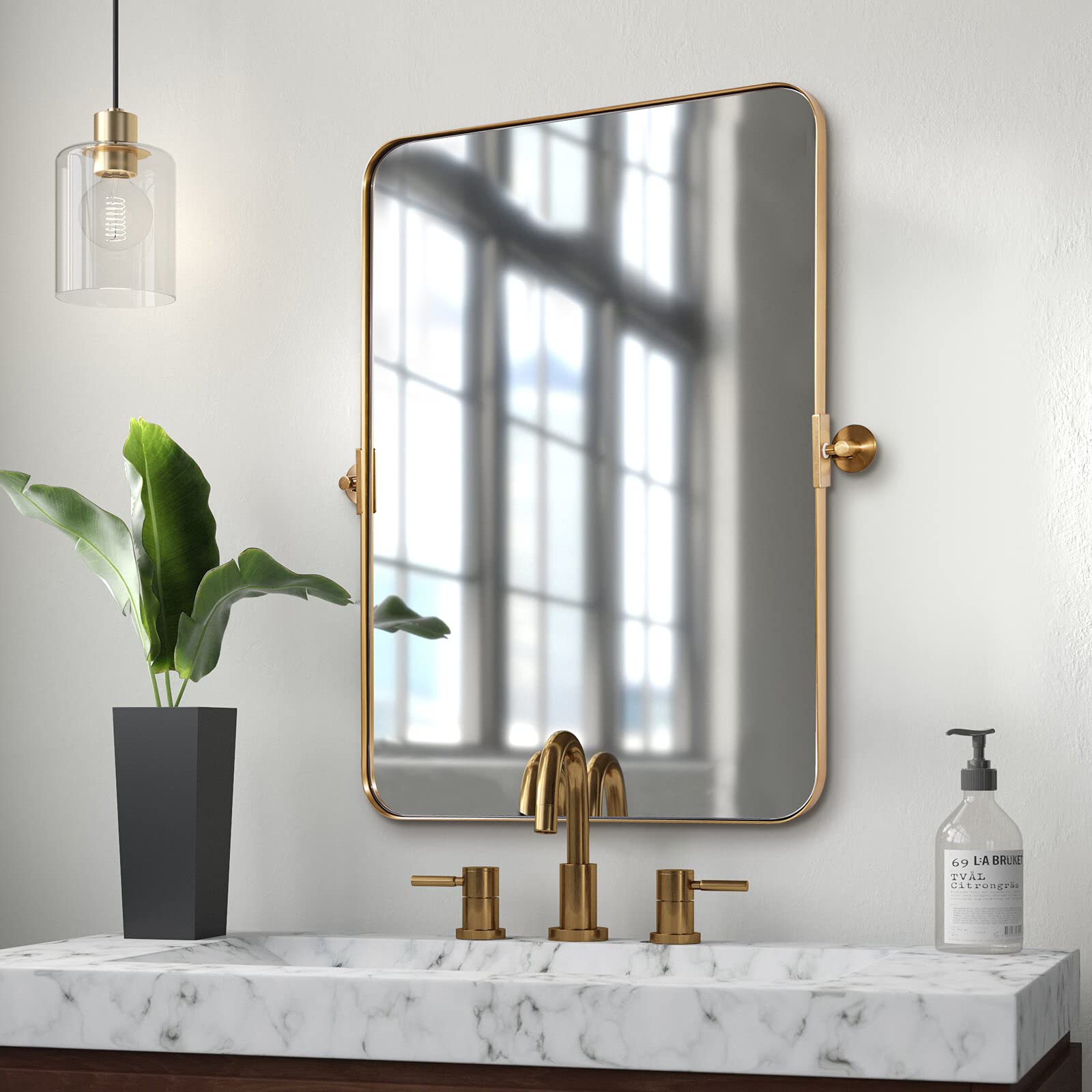 MOON MIRROR 22" x 30" Brushed Gold Metal Framed Pivot Rectangle Bathroom Mirror for Wall Mounted, Tilting Rounded Corner Rectangular Wall Mirror Hangs Vertical??êOverall 2