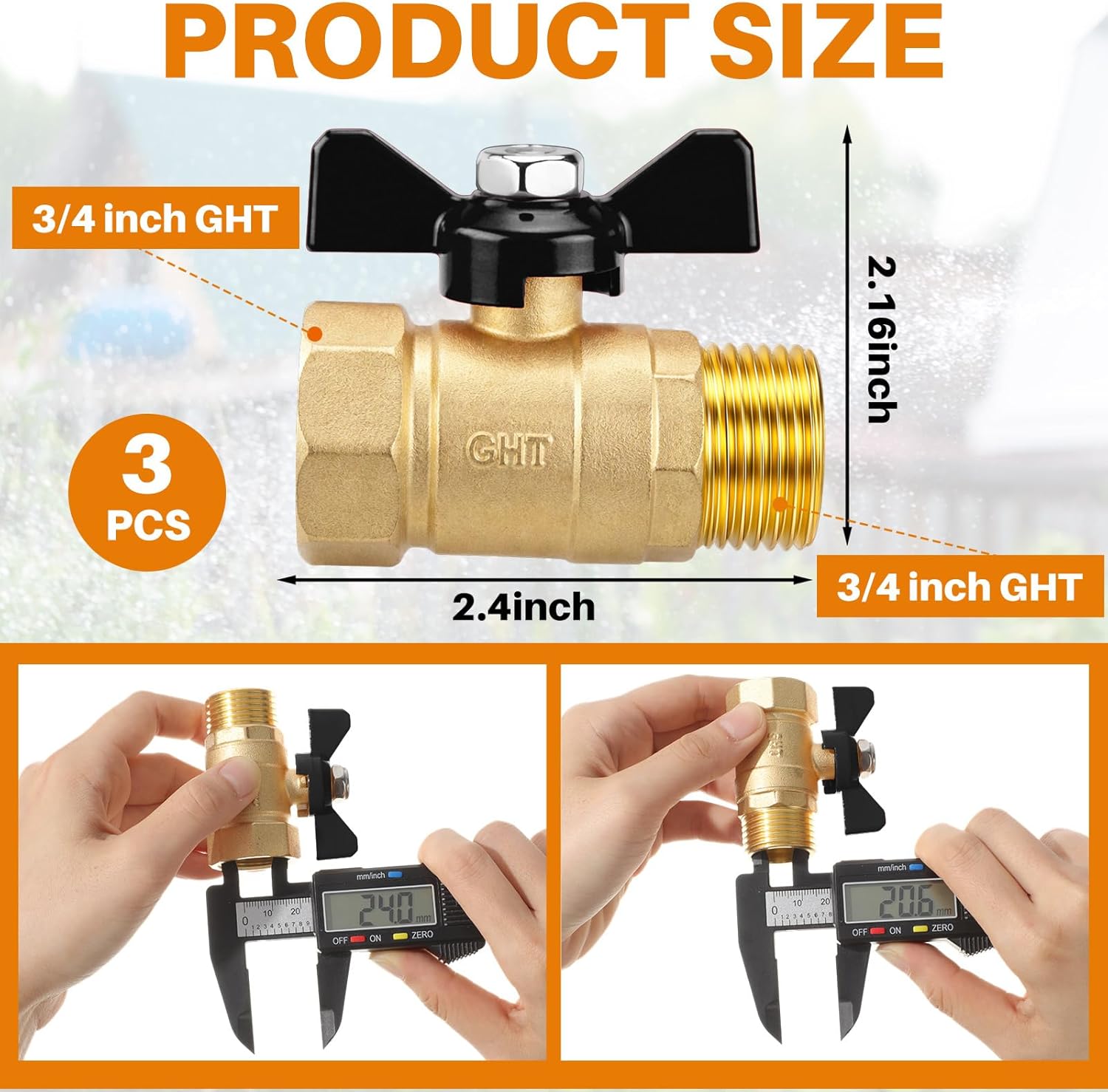 Yaocom 3 Pcs Full Flow Garden Hose Shut Off Valve Connector Heavy Duty Brass 3/4'' GHT No Restriction Water Shut-Off Connector Lawn Hose-end Flow Ball Valve Adapter Coupling for Gardens(Black)