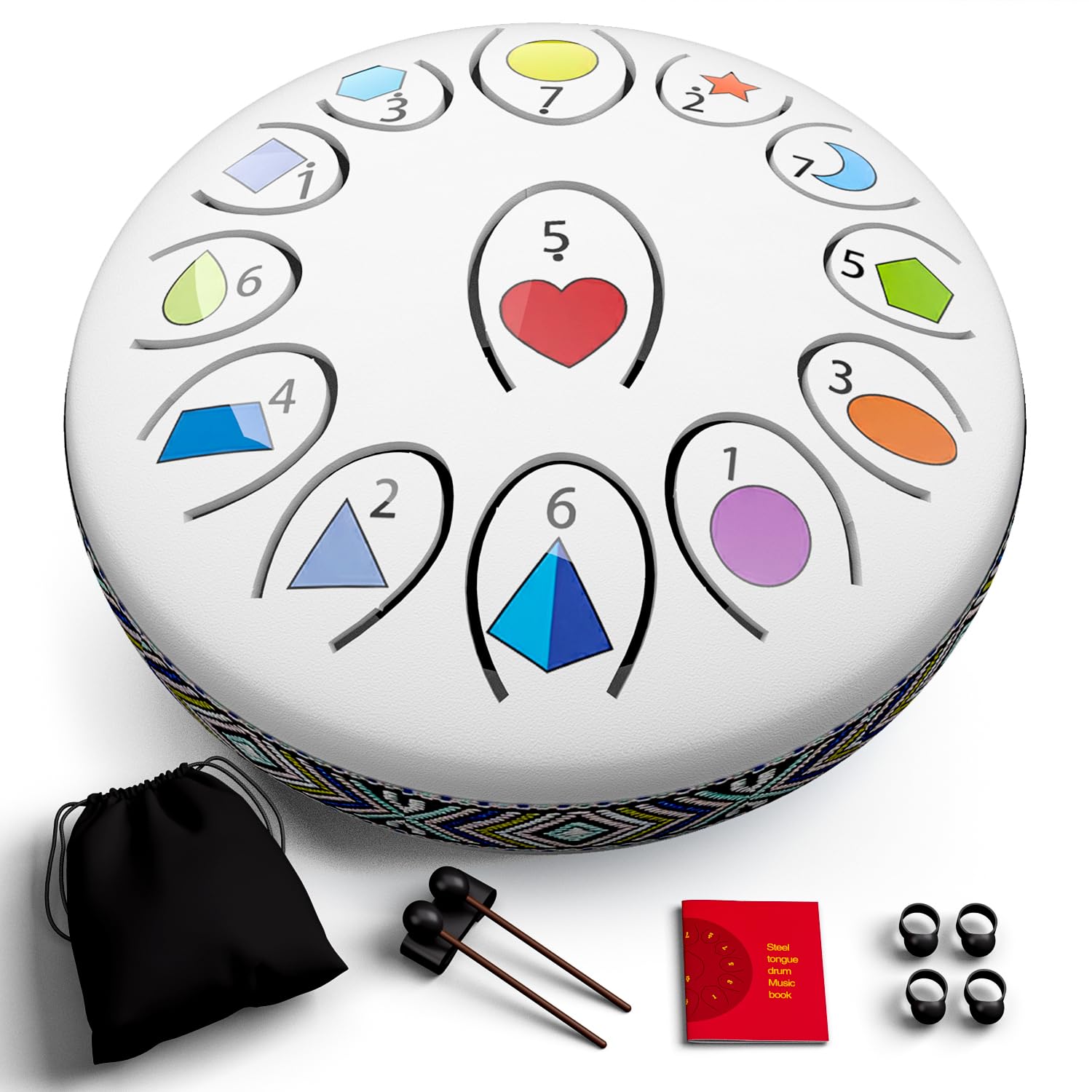 REGIS Steel Tongue Drum, Rain Drum for Outside Garden, Waterproof Meditation Rain Chime, UV-Printed Notes & Geometric Design, with Bag, Mallets & Music Book(Whi