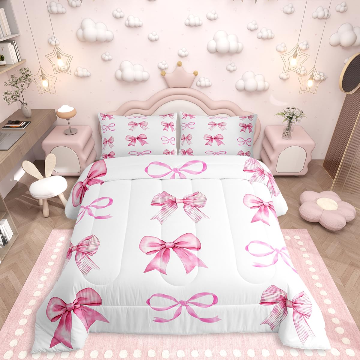 Erosebridal Bow Bedding Set Girls Pink Bow Knot Comforter Set for Kids Teens Women,Cute Ribbon Bowknot Down Comforter Twin Princess Striped Bow Knot