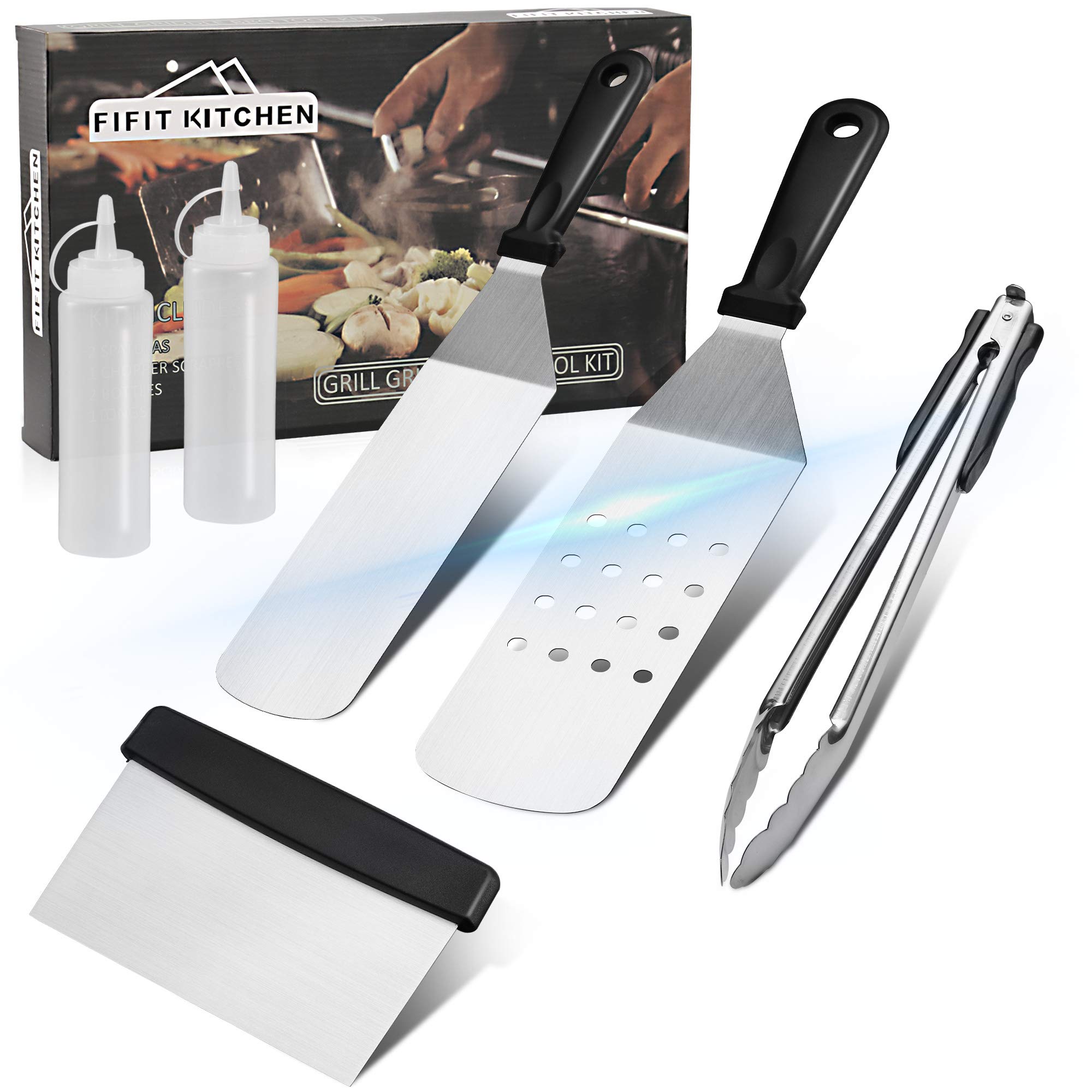 OTIOTI PCS Stainless Steel BBQ Professional Griddle Accessories Kit Grill  Spatula Set-2 Spatulas,1 Tongs,1 Chopper Scrapper,2 Bottle Flat Top Grill