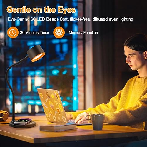 Miniatura 7 de Lámpara de escritorio LED con cargador inalámbrico, puertos de carga USB C + A, lámpara de noche de metal para cuidado de los ojos, lámpara de
