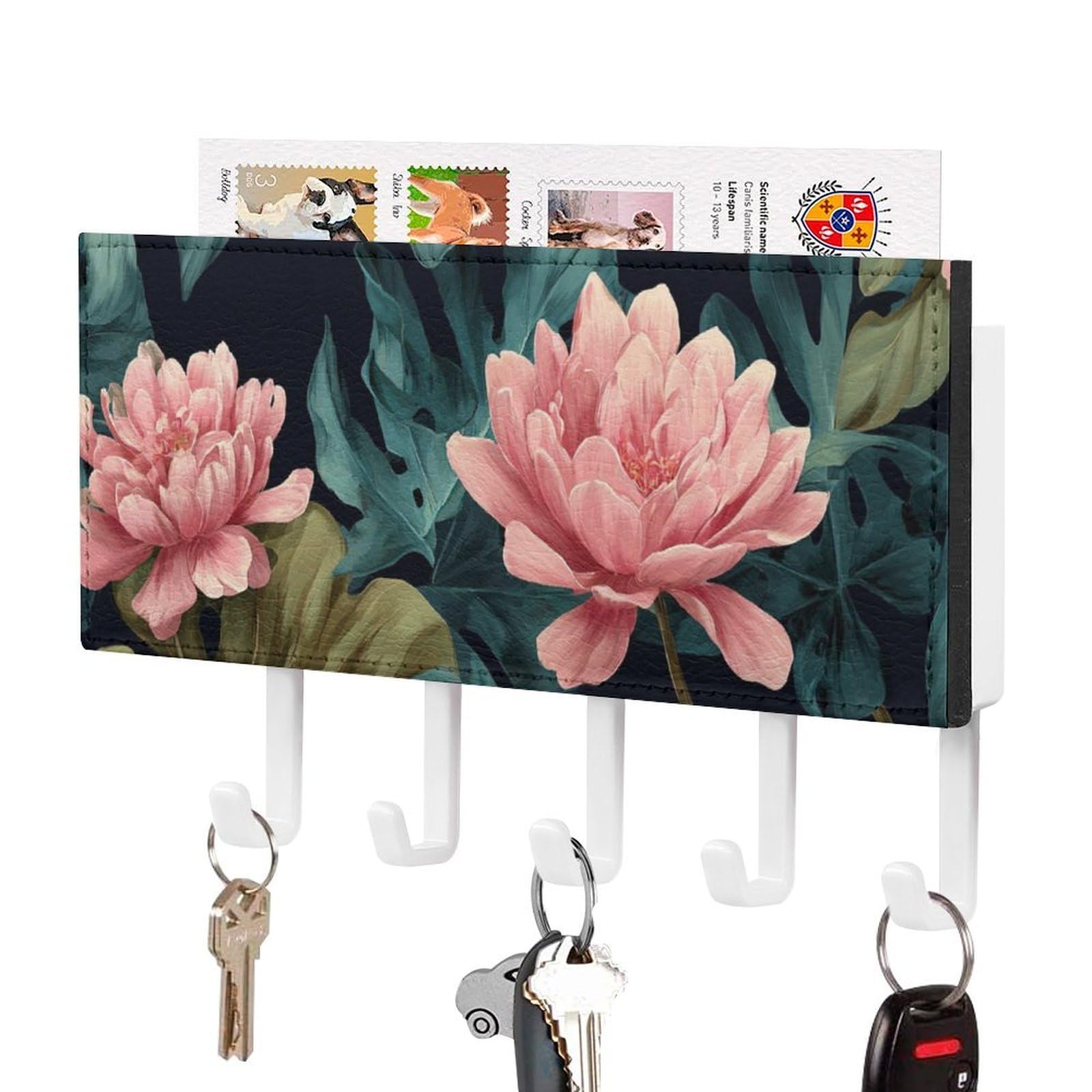 Jubonexis Green Leaves and Pink Flowers Watercolor Wall Mount with 5 Hooks Acrylic Key Rack for Home Office Entryway