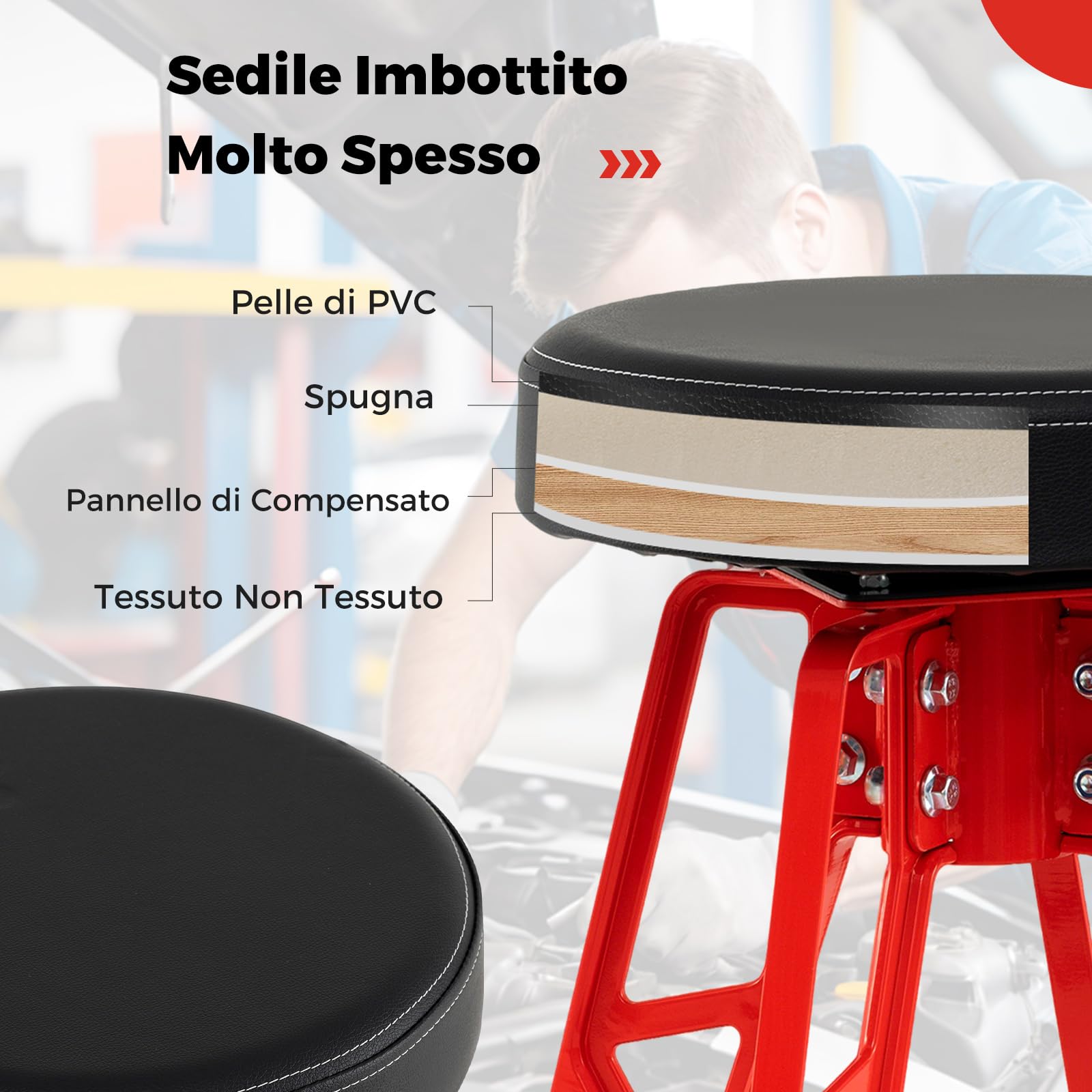 COSTWAY Sgabello da Officina, Sedia Meccanico in Metallo con Girevole a 360° e Seduta Imbottita, Capacità di 182 kg, Sgabello Alto da Lavoro con Poggiapiedi per Garage e Officina, Rosso + Nero