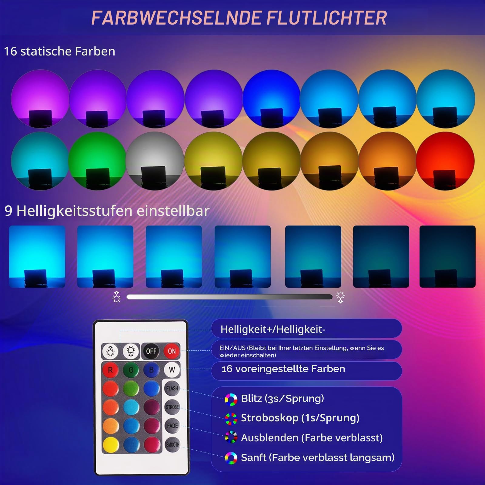 RGB LED Strahler Außen 100W,4 Stück Dimmbar LED Scheinwerfer Mit Fernbedienung,IP66 Wasserdicht Farbwechsel Fluter Disco Partylicht Stimmungslicht für Weihnachten,Halloween,Bar,DJ,Feiern,Bühn