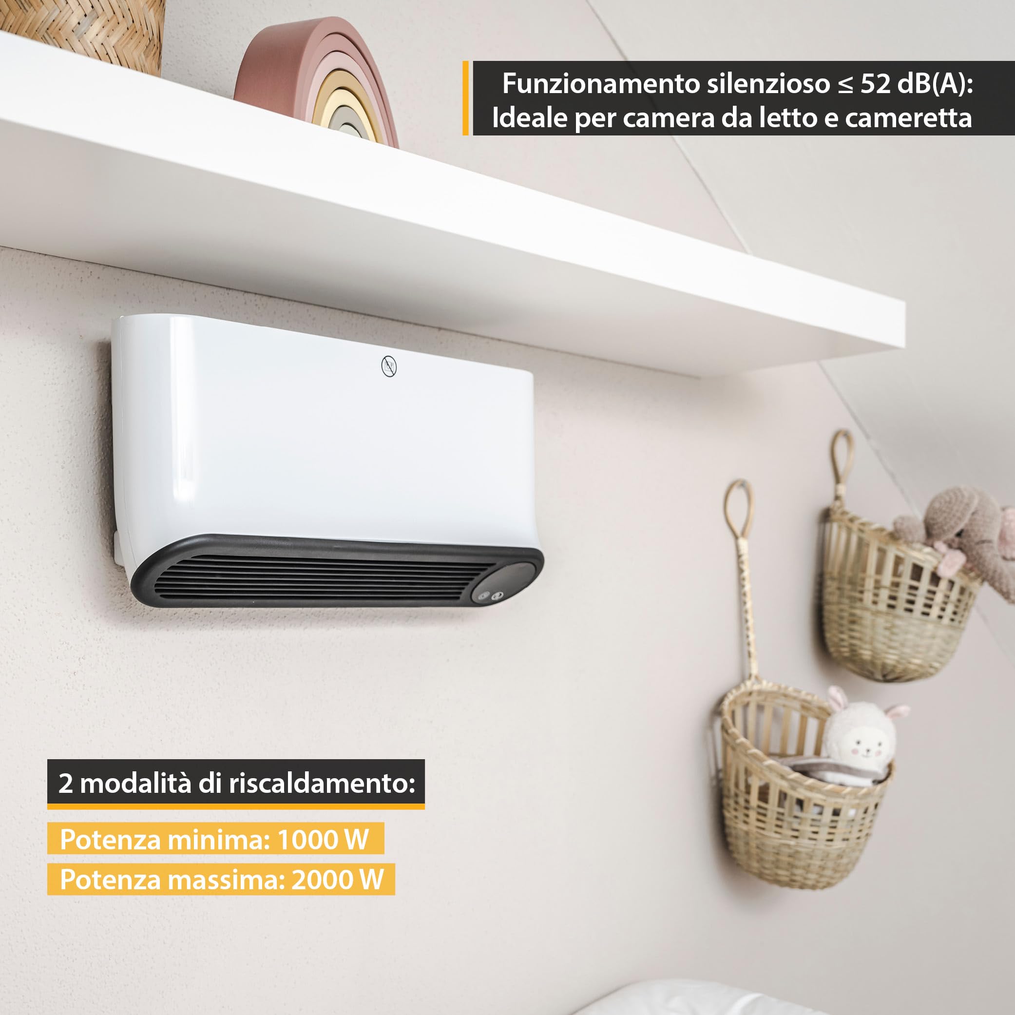 TZS First Austria termoventilatore da parete ceramico, 2000W, timer 12h, 2 livelli, montaggio a muro, termostato, protezione surriscaldamento, bianco/nero