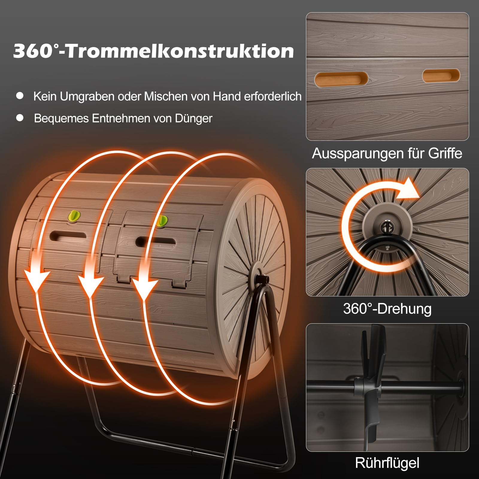 COSTWAY 142L Trommel-Komposter, Gartenkomposter Doppelkammer, 360° drehbar, Kompostschleuder mit 2 abschließbare Türen, Schnellkomposter aus PP & Metall, für Garten Balkon, 70x63x92cm (Kaffee)