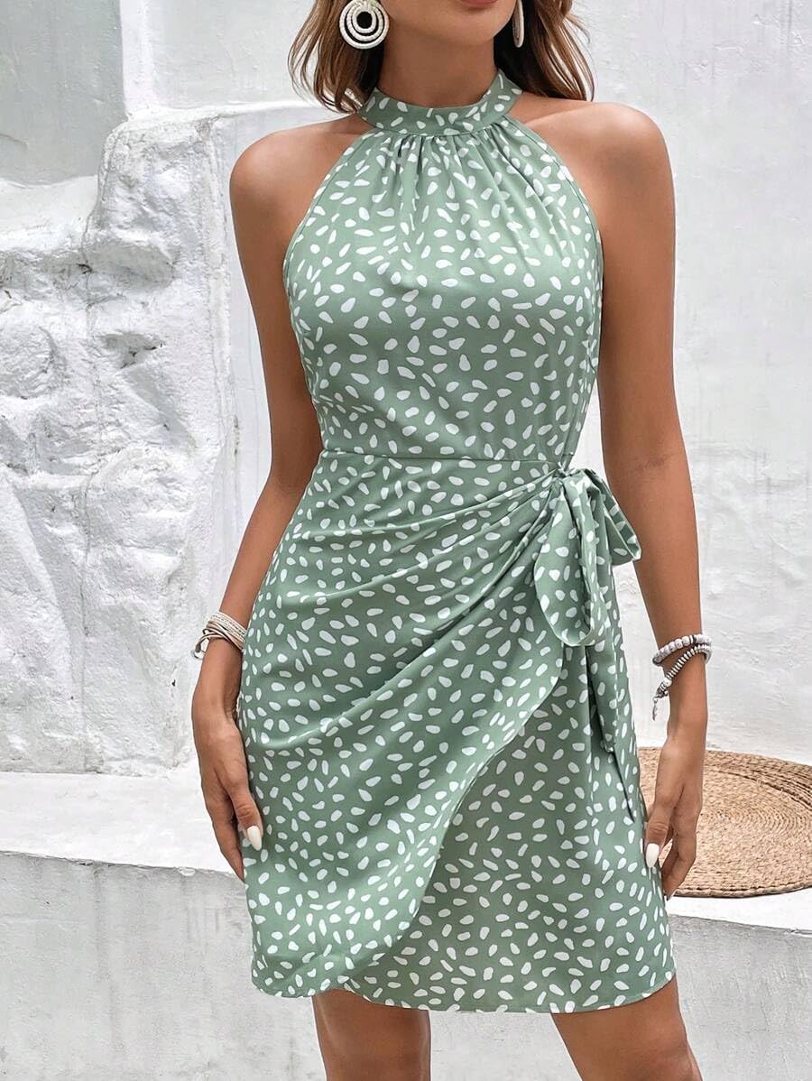 LIGHT DOT Women's Summer Dress Dot Print Halter Neck Tie Waist Casual Zipper Back Sundress Vacation Beach - Image 4