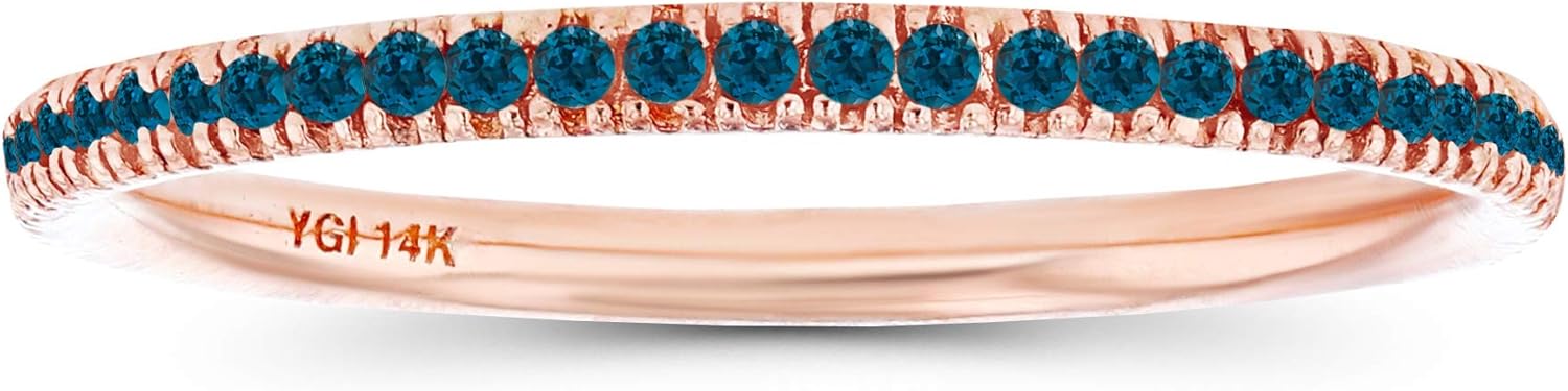 Solid 14K Rose Gold 1mm Round Micropave Natural Genuine Birthstone Stackable Eternity Band Ring For Women, Size 7