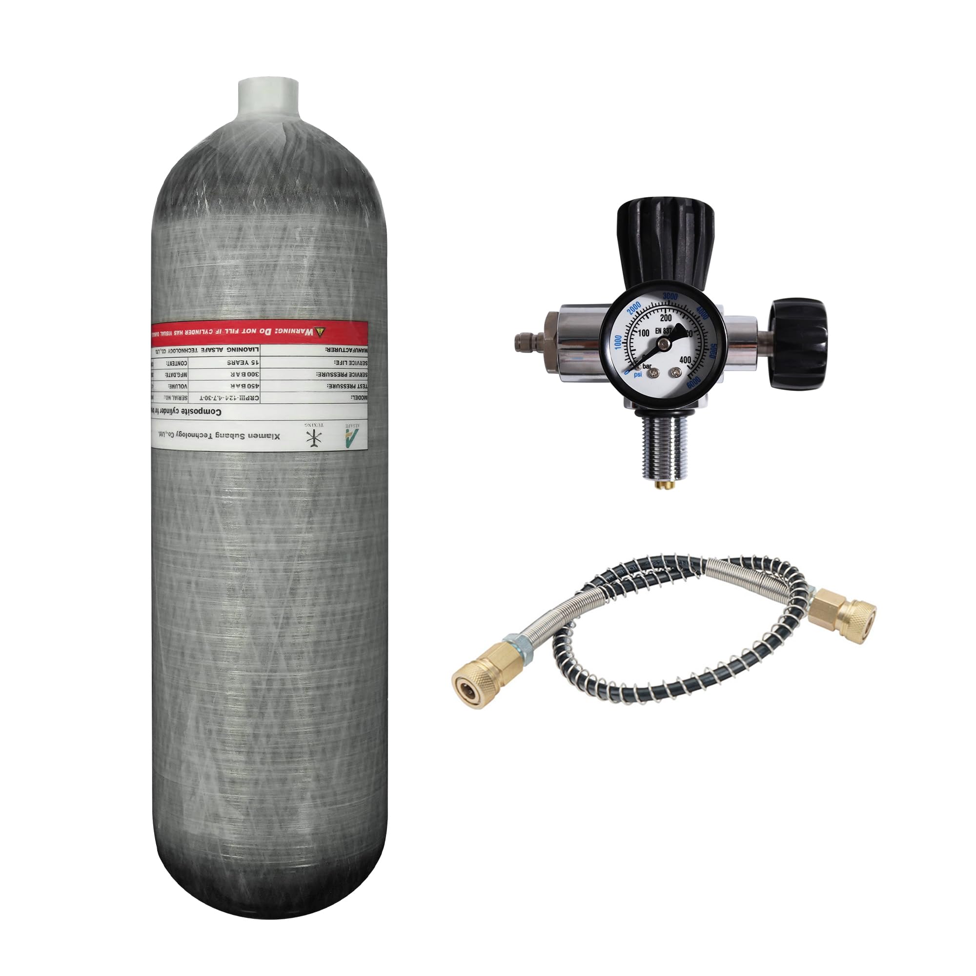 TUXING Depósito de aire de fibra de carbono (botella vacía) de 4,7 l, 4500 psi, estación de llenado de paintball con regulador de válvula y manómetro para juegos PCP