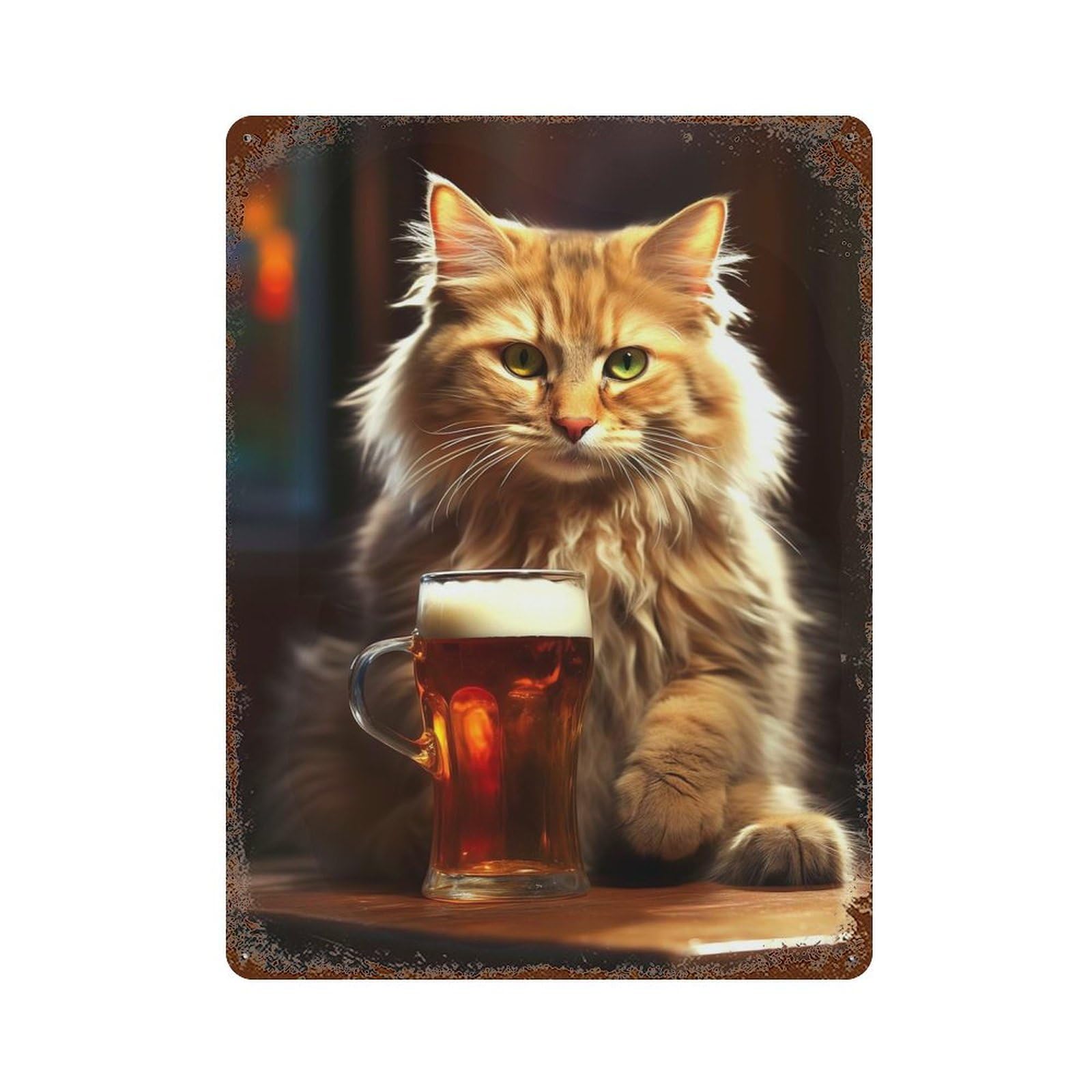 Vintage Rust Metal Sign with Cat Drinks Beer Design 15.7"x11.8", for Garage, Bar And Workshop Decor, Retro Wall Decor