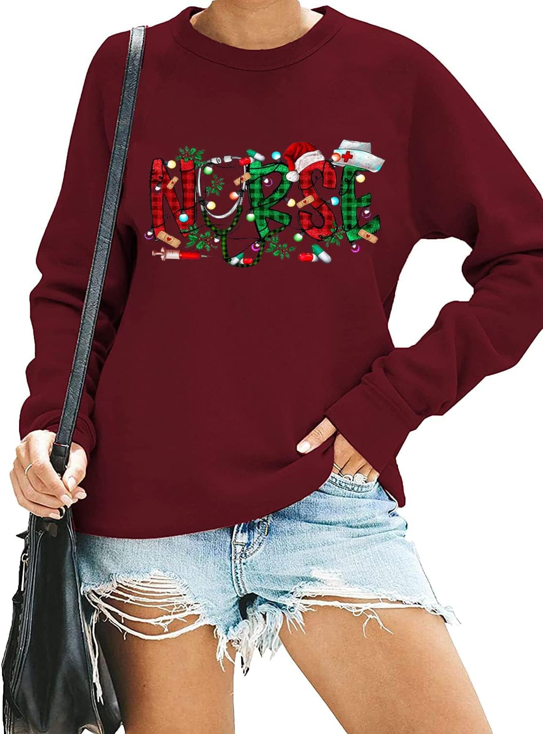 FCHICH クリスマス 介護 スウェットシャツ 女性 看護学校 Tシャツ ナース クリスマス シャツ カジュアル 長袖 クルーネッ