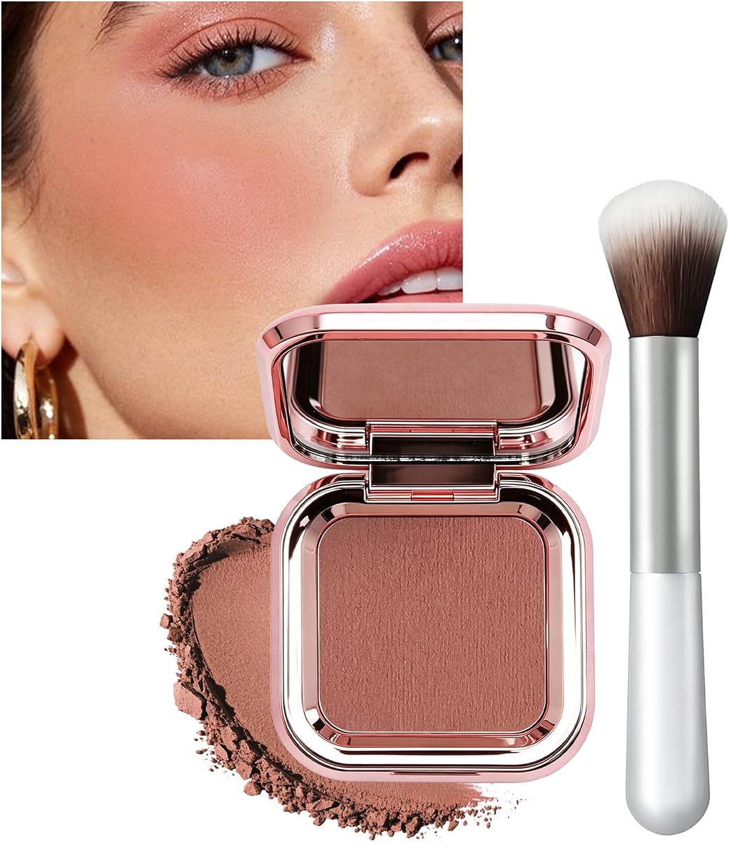 Baked Blush for Cheeks, Single Nude Brown Cream Blush Palette-08 | Cream Blush for Cheeks,Single Powder Blusher with Mirror & Brush,Lightweight,Smooth, Blendable Face Makeup for Girl,Daily 1PC