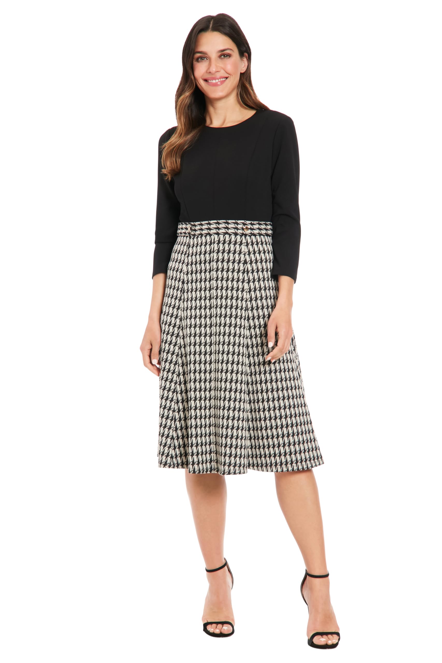 London Times Womens Houndstooth Side Tab Midi Dress