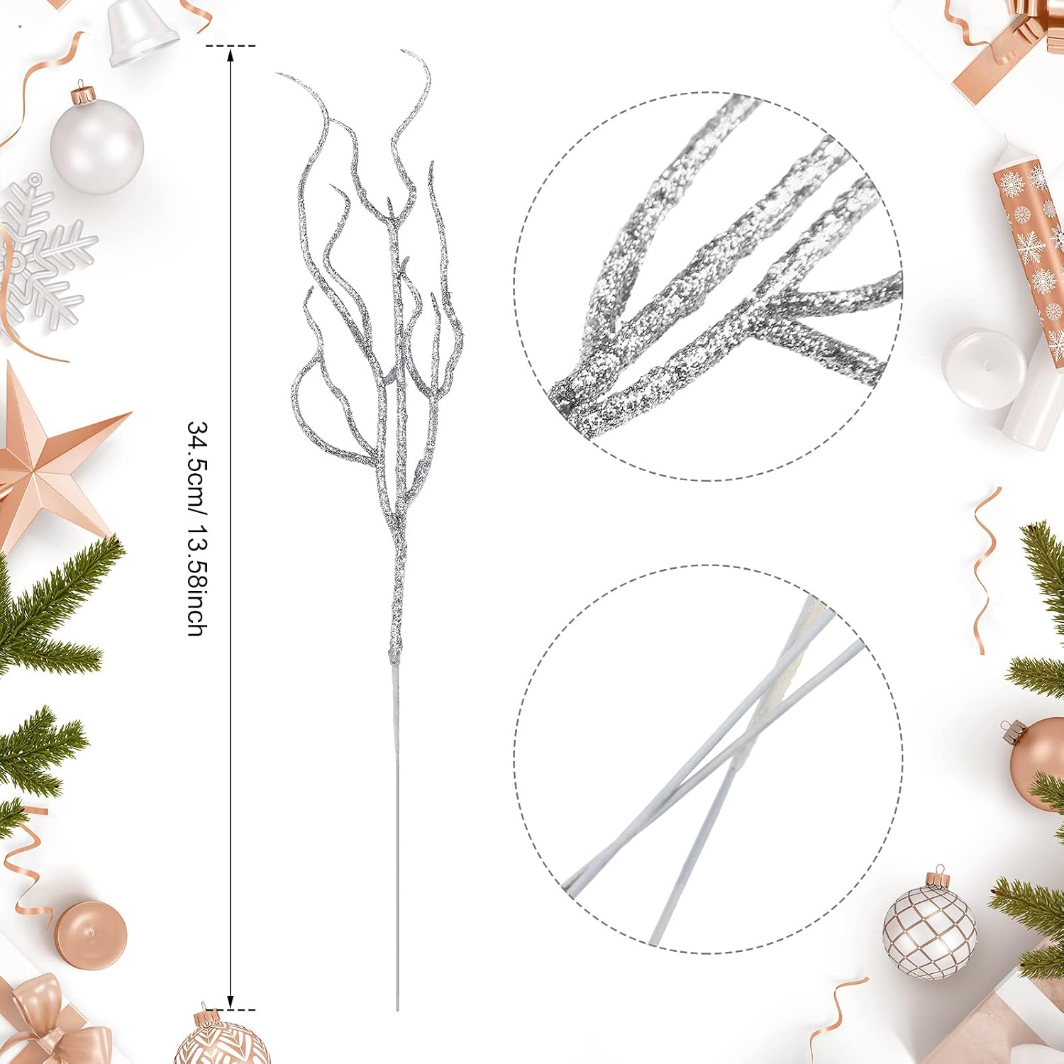 Jutom 30 Pcs Glitter Christmas Tree Pick 13.7 x 2.7 Inch Curly Tall Tree Filler Branches Sprigs and Twigs Decorations for Christmas Vase Xmas Gift Wedding Decoration(Silver)
