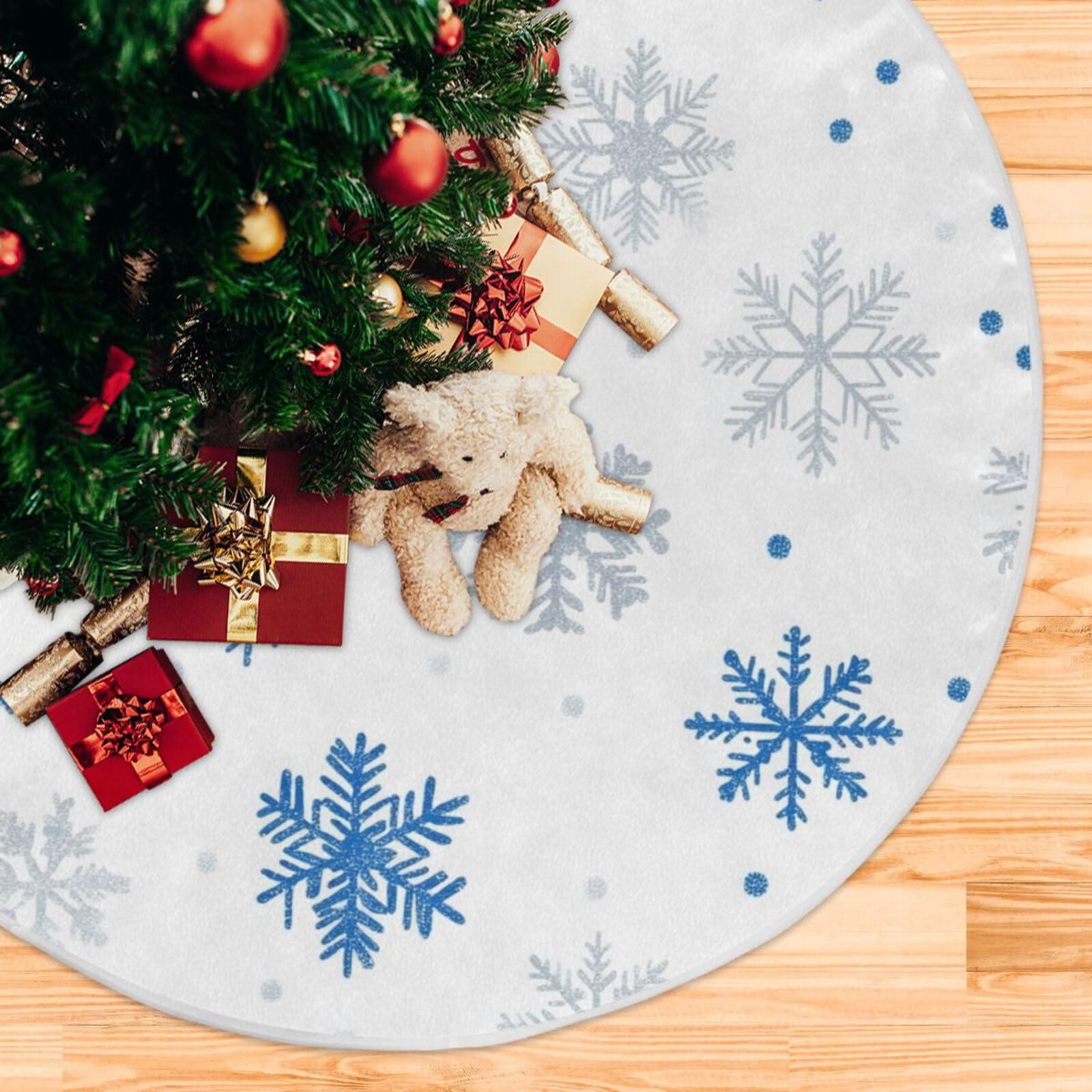 Christmas Tree Skirt Blue Snowflakes Silver Glitter Pattern Xmas Tree Ornaments Christmas Tree Mat for Decorations Holiday Party 120cm - Image 3