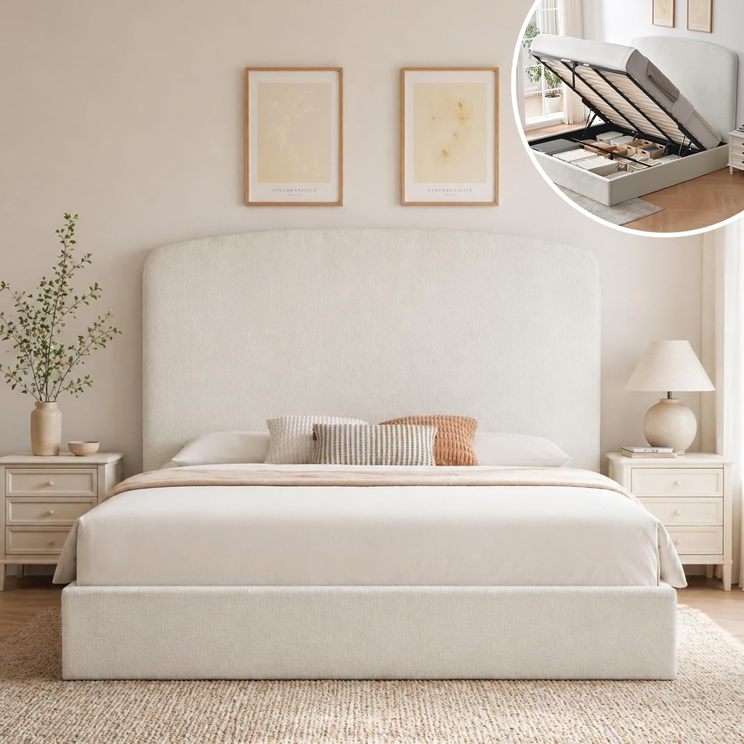 VELOCAVA King Size Lift Up Storage Bed Frame with 63" Tall Headboard, Upholstered Platform Bed with Storage Underneath, Removable Linen-Look Headboard Cover, No Box Spring Needed, Cream White