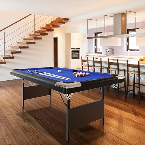 6-7 Ft Foldable Billiards Tables, Portable Pool Table, Billiards Tables for Adults Full Size, Outdoor Pool Table Includes Full Set of Balls, 2 Cue Sticks, Chalk and Felt Brush