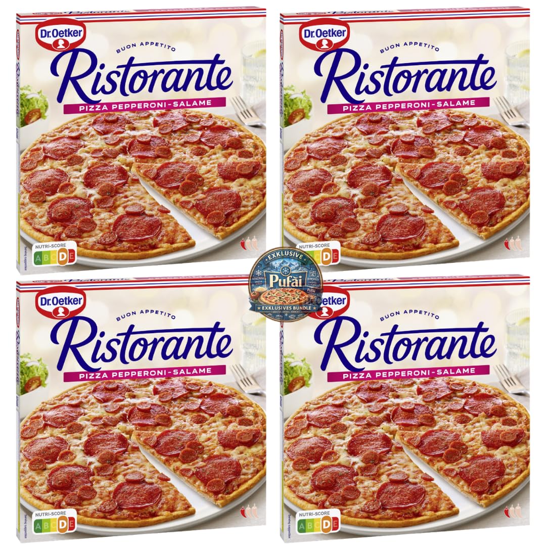 PUFAI Bundle – Pizza Pepperoni Salame 320g x4 – Tiefkühlpizza mit würziger Salami, Dünner Boden, Ofenbereit, Knusprig