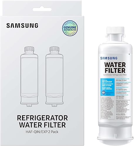 Vista 4 de SAMSUNG Filtros originales para agua y hielo del refrigerador, filtración de bloque de carbono para agua potable clara, HAF-QIN-2P, paquete de 2
