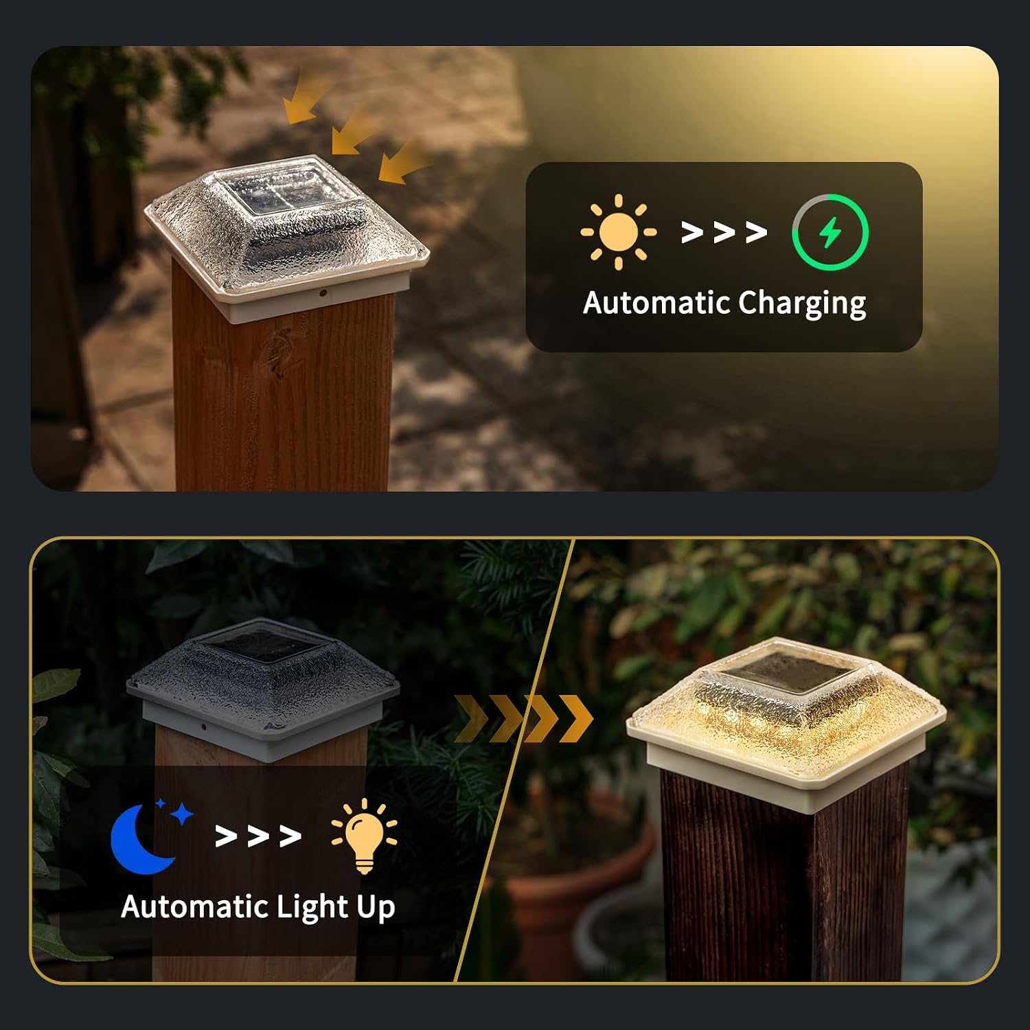 Glass Solar Post Cap Lights with Frosted Style - Decorative Deck Fence Lights for 4x4 5x5 Posts Hidden Solar Panel, Modular Design, 10Hr Runtime, IP65, Warm White, White, 8 Pack