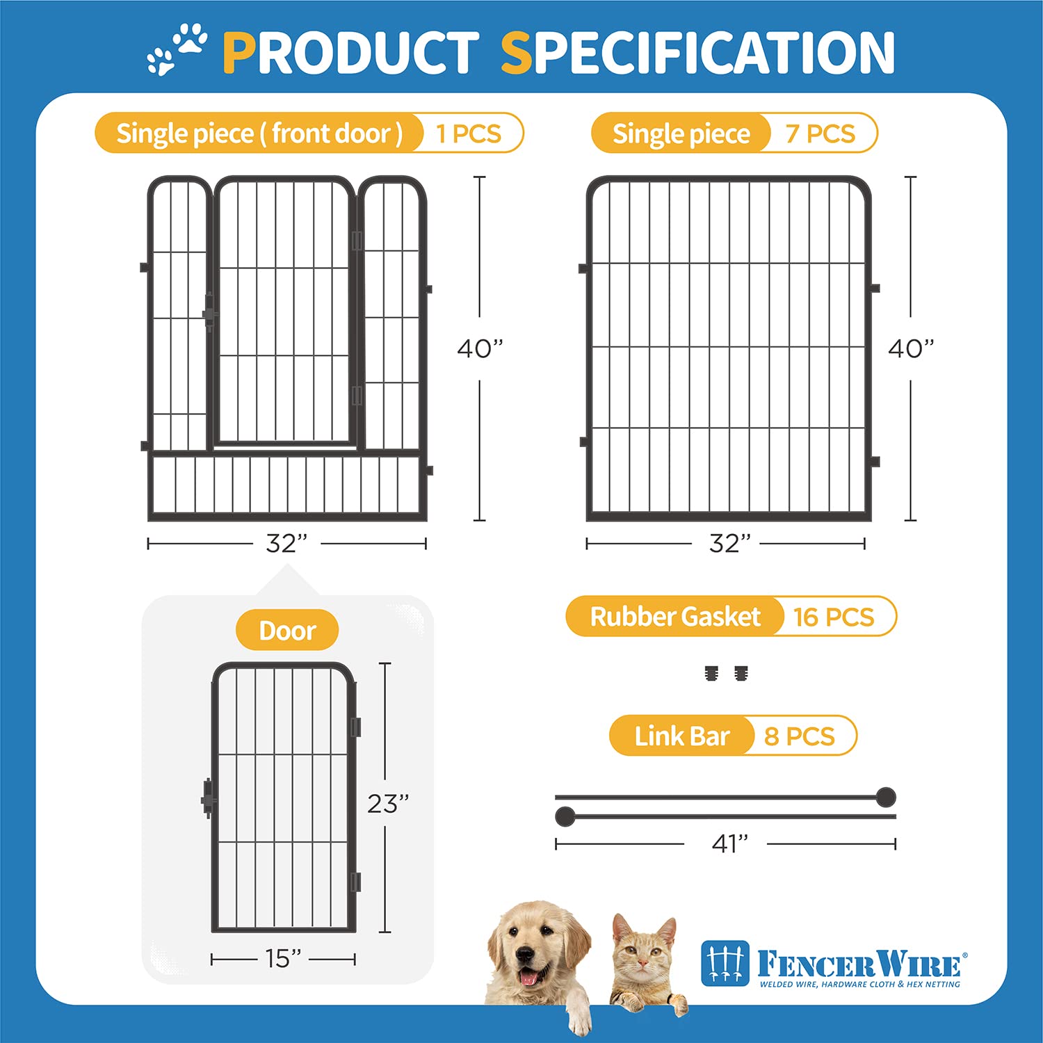 Fencer Wire Bold Metal Dog Playpen, Dog Fence Exercise Pen with Doors, Pet Puppy Outdoor Playpen Pen for Indoor & Outdoor, 8 Panels and 32-Inch Width for Each Panel (40-Inch)