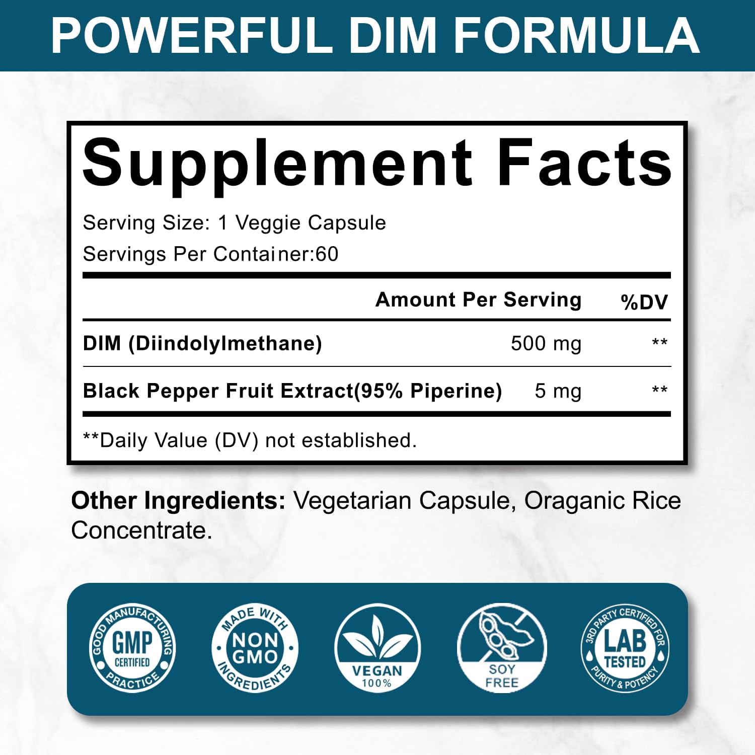 DIM 500MG Supplement Ultra Formula – Hormone Metabolism & Estrogen Balance Support for Women & Men – Diindolylmethane with Black Pepper Extract for Maximum Absorption – Vegan & Soy-Free – 60 Capsules