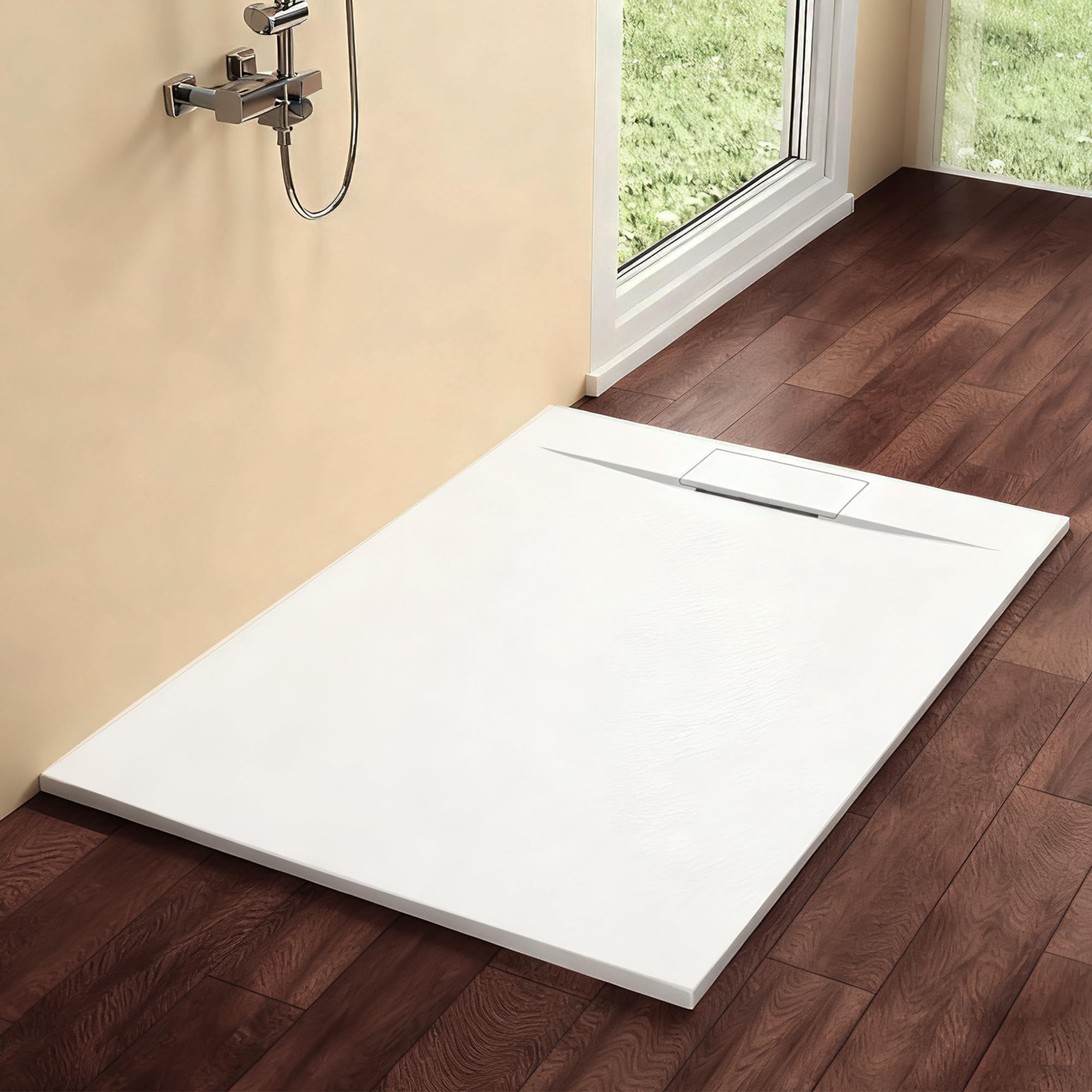 Plato de ducha plano de 120 x 90 cm, color blanco, 32 mm, aspecto de pizarra y estructura antideslizante (sin sifón)