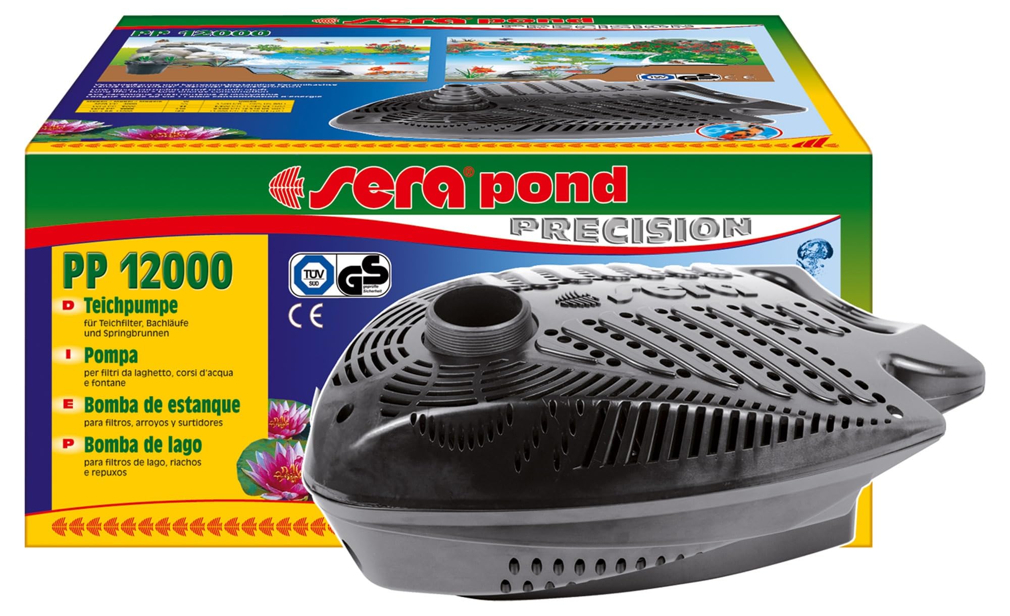sera pond PP 12000 Teichpumpe | Energiesparender Asynchonmotor | 12.000 l/h & 165 Watt | Inklusive Vario-Anschlussstutzen | Ideal für Teichfilter, Bachläufe & Springbrunnen | 5,1 m Wasserstrahl-Höhe