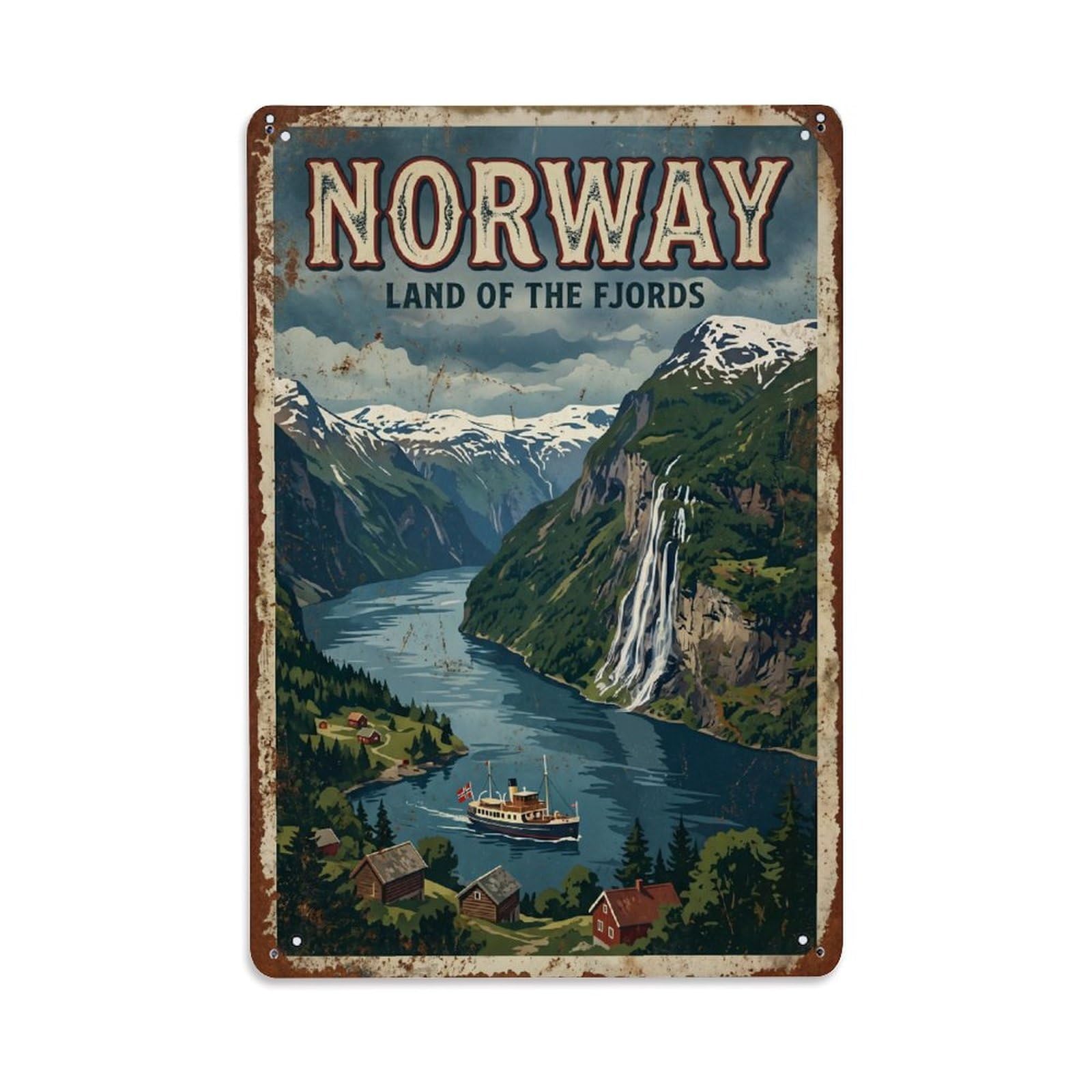 Cmhok Vintage Style Vintage Travel Fjords Norway Metal Tin Sign Wall Decor For Cafe, Club, Garden Metal Poster 8X12inch