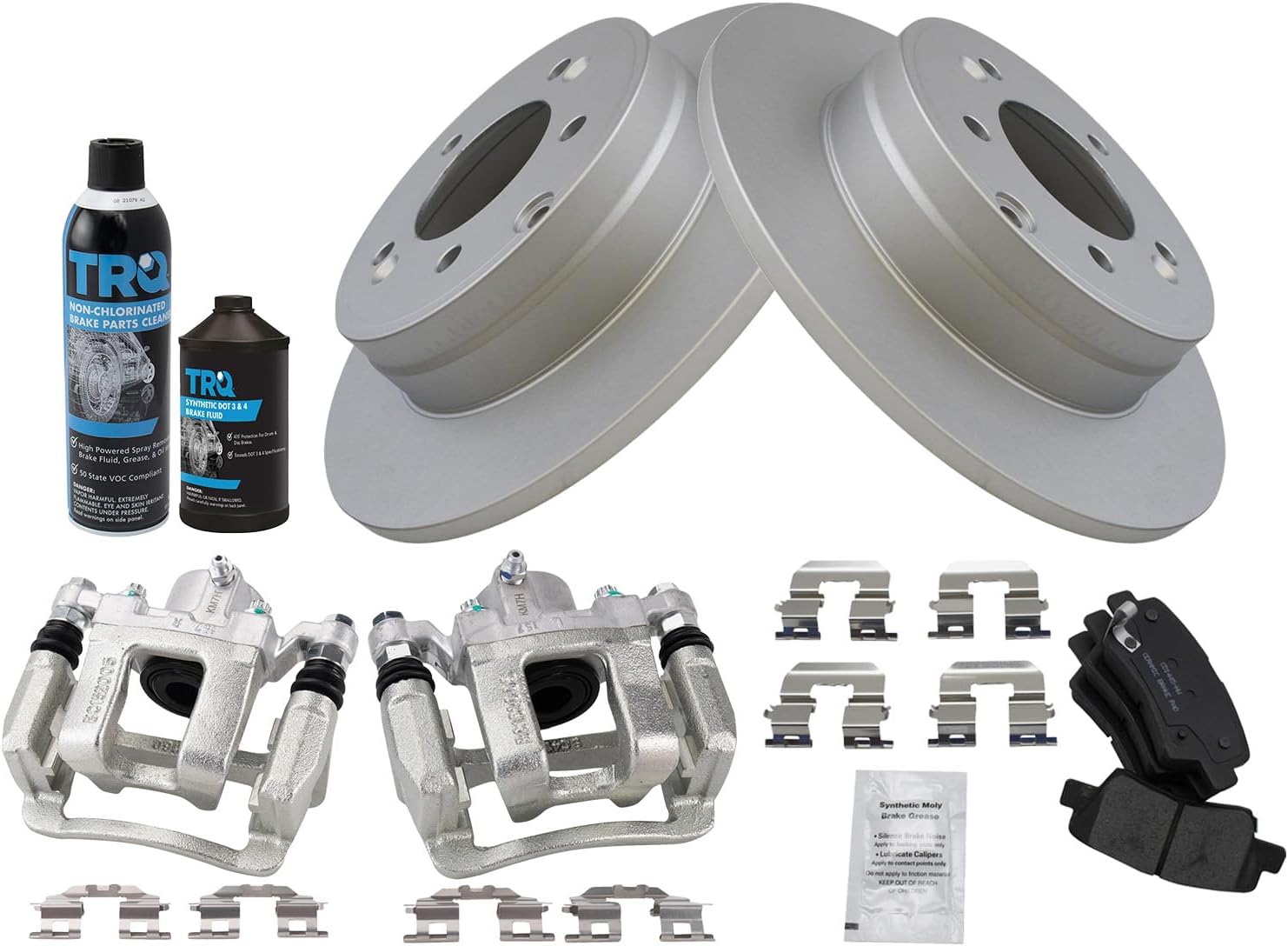 TRQ Rear Brake Pad, Caliper, & Rotor Kit, with Chemical Kit Ceramic Premium G-Coated Compatible with 2011-2015 Hyundai Sonata Kia Optima