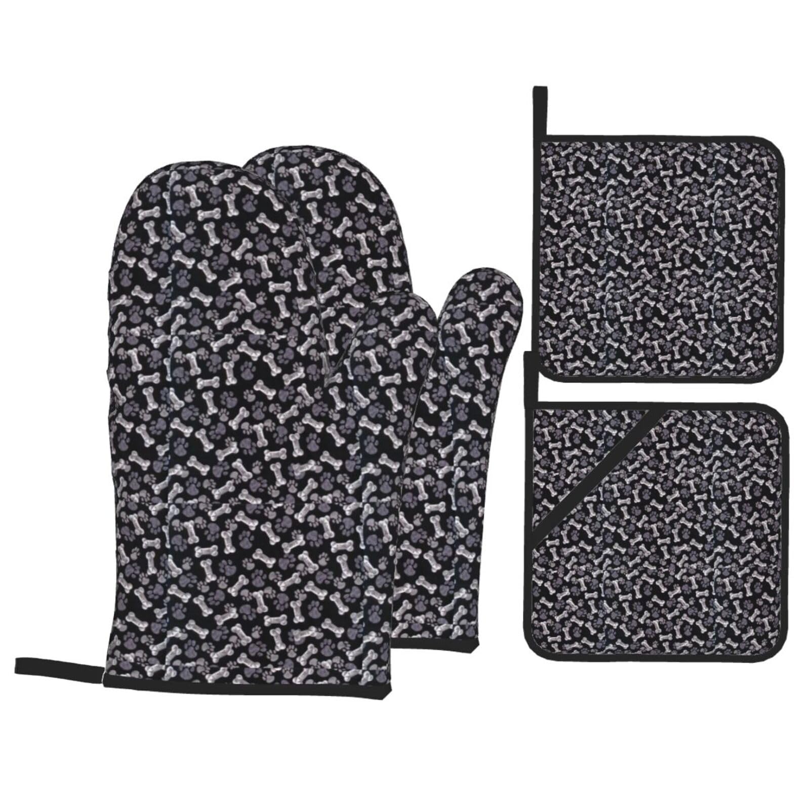Nimongt Black Dog Puppy Paw Print Heat-Resistant 4-Piece Oven Kitchen Gloves For Baking Cooking Microwaving Essentials